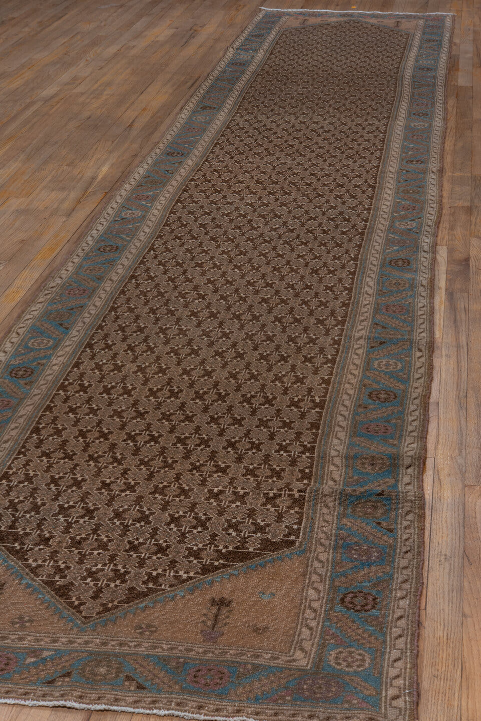 3' x 16' one-of-a-kind handmade vintage Malayer runner rug. Color palette: brown, taupe, sky_blue, camel, ivory, rust, beige