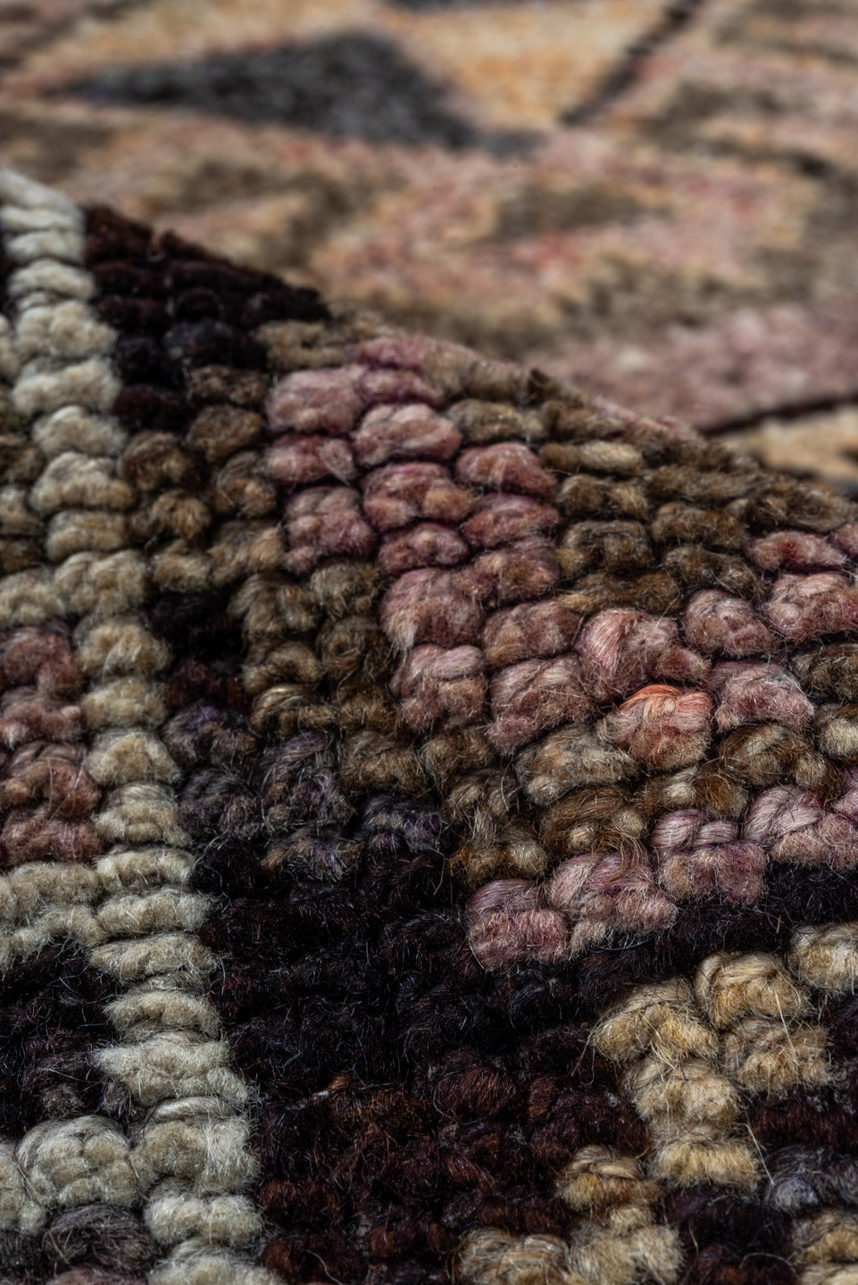4' x 5' one-of-a-kind handmade vintage Kars small size rug. Color palette: black, brown, charcoal, gray, light gray, pink