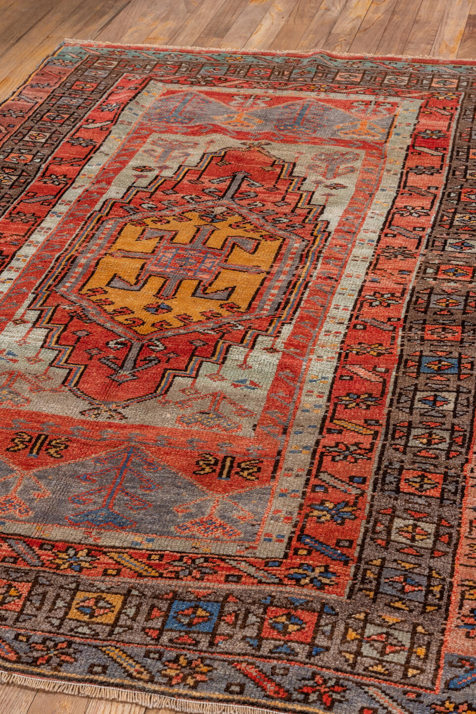 3' x 5' one-of-a-kind handmade vintage Oushak small size rug. Color palette: coral, terracotta, ivory, slate, brown, gold