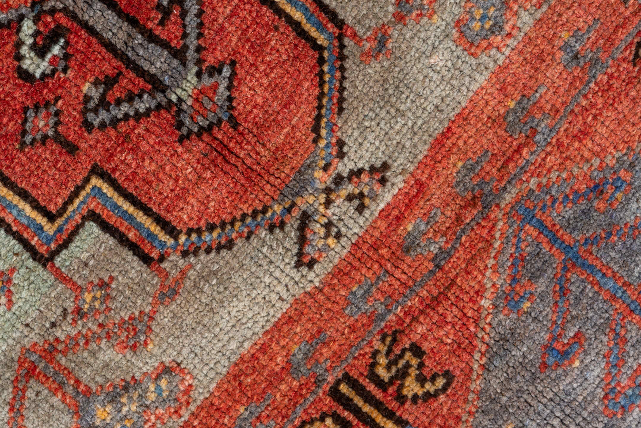 3' x 5' one-of-a-kind handmade vintage Oushak small size rug. Color palette: coral, terracotta, ivory, slate, brown, gold