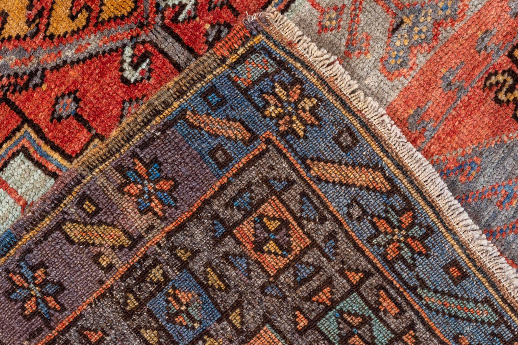 3' x 5' one-of-a-kind handmade vintage Oushak small size rug. Color palette: coral, terracotta, ivory, slate, brown, gold