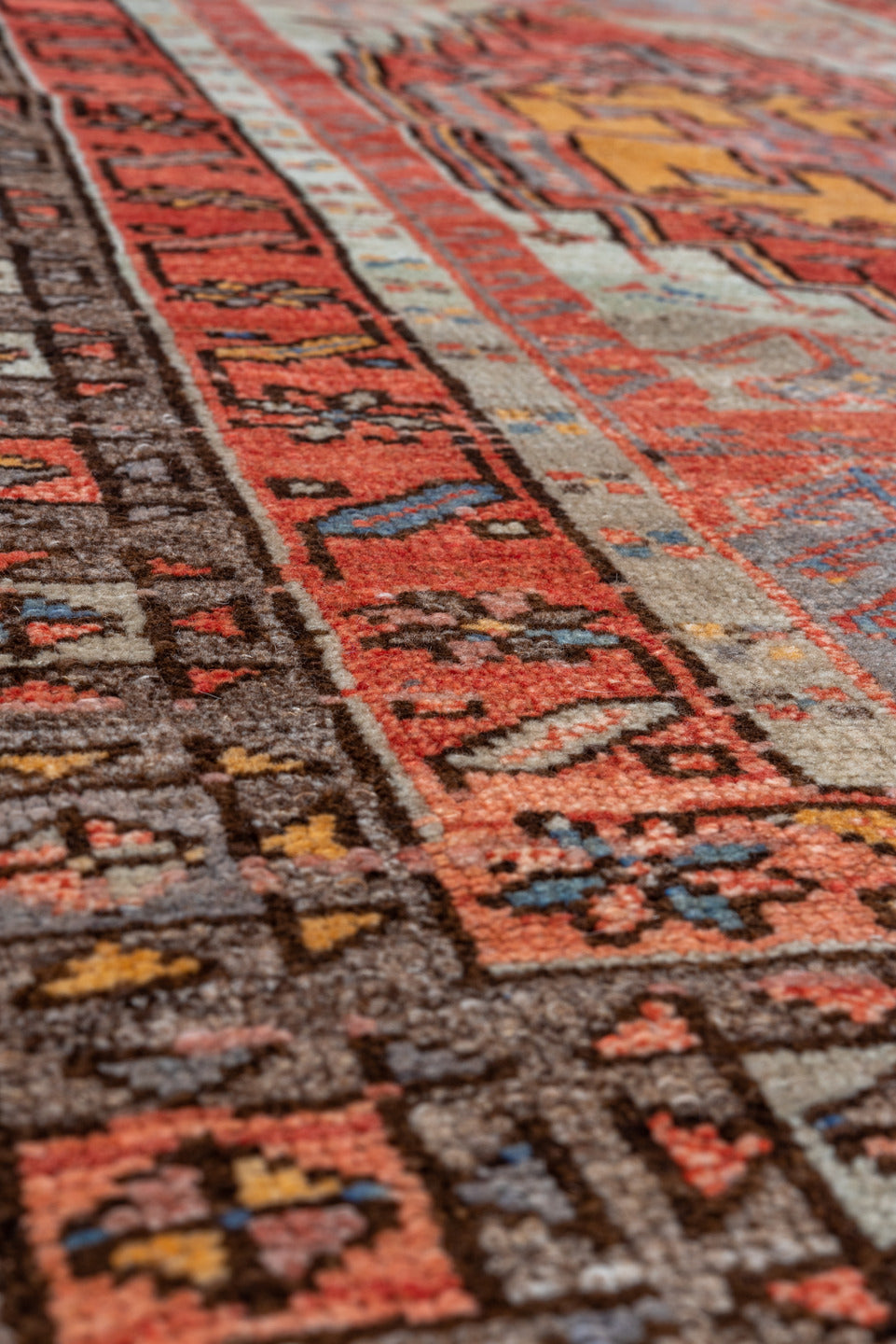 3' x 5' one-of-a-kind handmade vintage Oushak small size rug. Color palette: coral, terracotta, ivory, slate, brown, gold