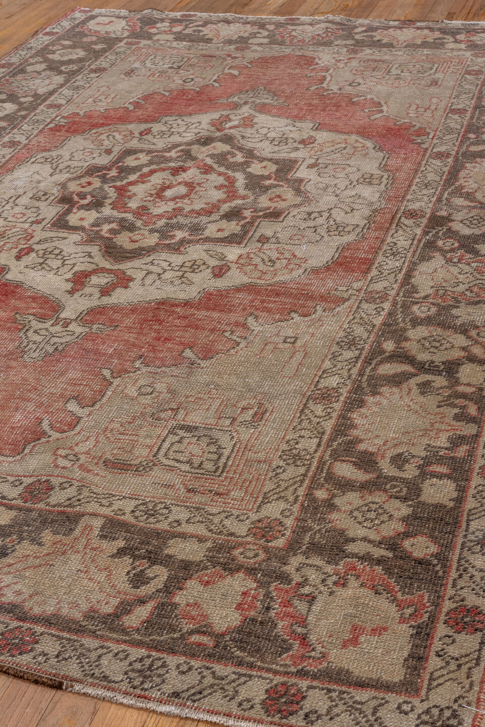 5' x 8' one-of-a-kind handmade vintage Oushak medium size rug. Color palette: brown, gray, light gray, off-white, pink, red