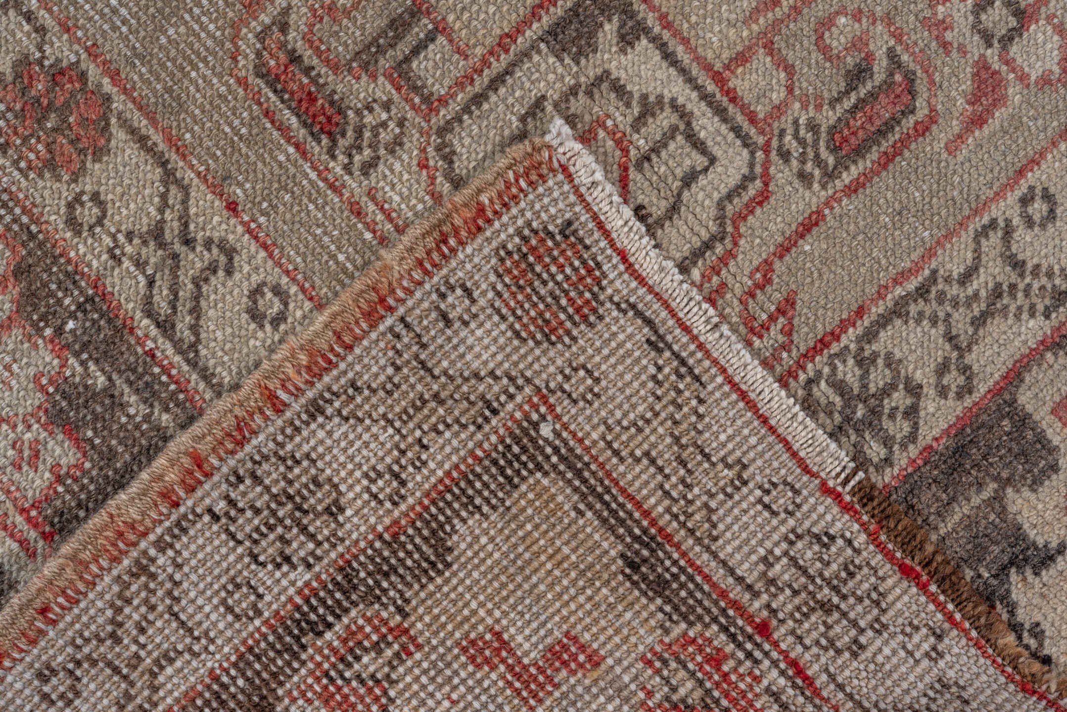5' x 8' one-of-a-kind handmade vintage Oushak medium size rug. Color palette: ivory, coral, charcoal, taupe, rose