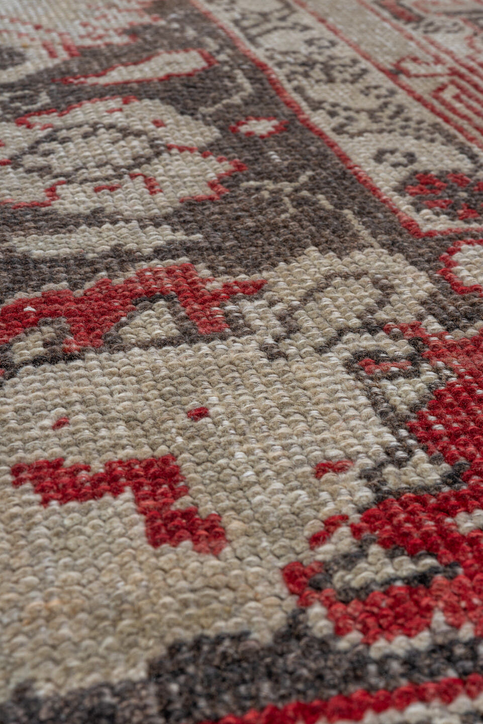 5' x 8' one-of-a-kind handmade vintage Oushak medium size rug. Color palette: ivory, coral, charcoal, taupe, rose