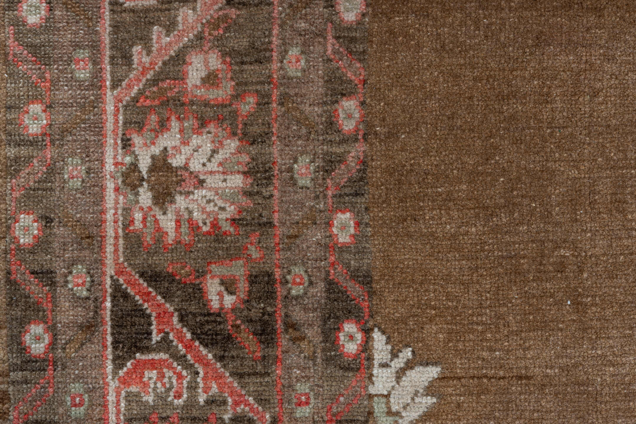 8' x 12' one-of-a-kind handmade vintage Oushak large size rug. Color palette: brown, ivory, rose, taupe, rust, charcoal