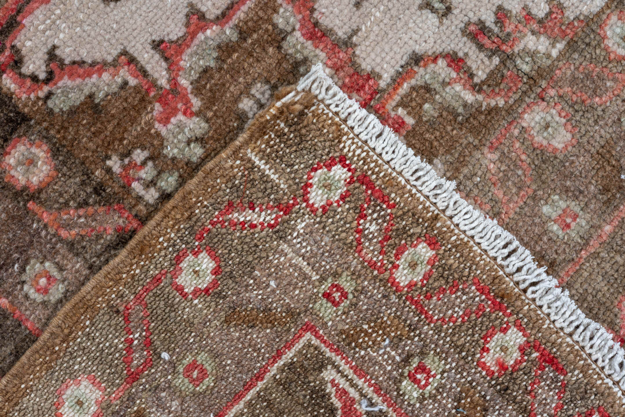 8' x 12' one-of-a-kind handmade vintage Oushak large size rug. Color palette: brown, ivory, rose, taupe, rust, charcoal