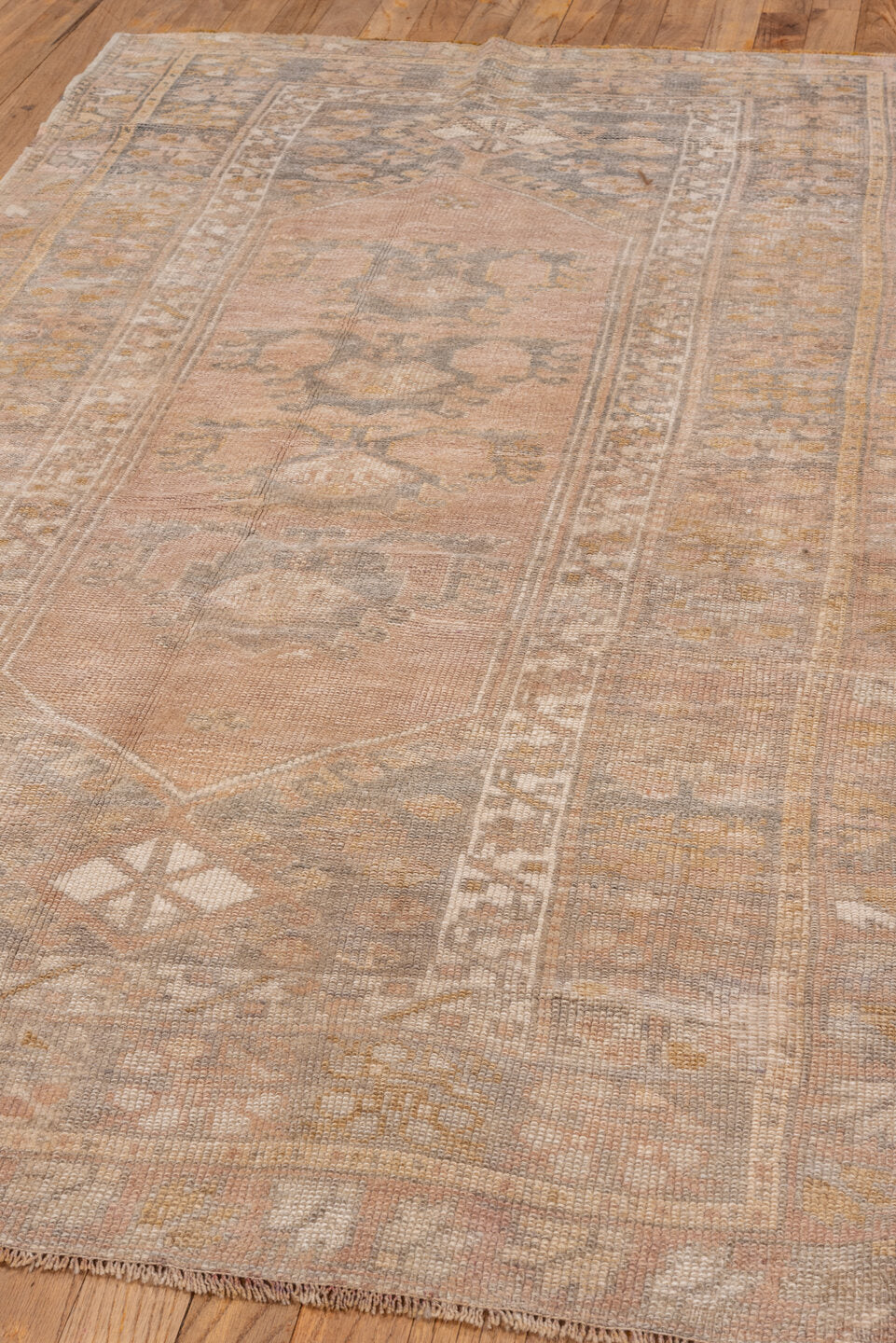 3' x 5' one-of-a-kind handmade vintage Oushak small size rug. Color palette: blush, ivory, taupe, gold, sage, gray_blue