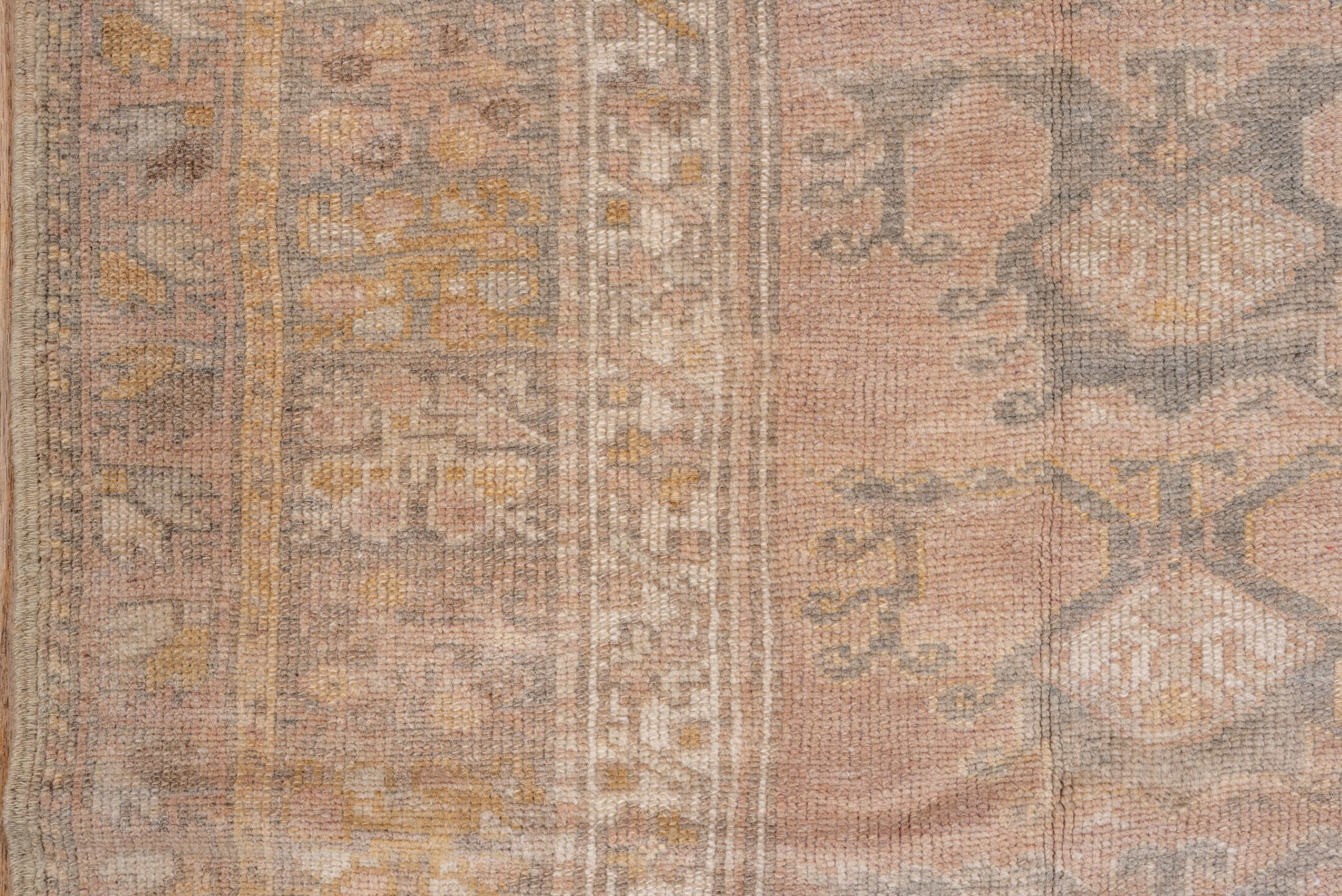 3' x 5' one-of-a-kind handmade vintage Oushak small size rug. Color palette: blush, ivory, taupe, gold, sage, gray_blue