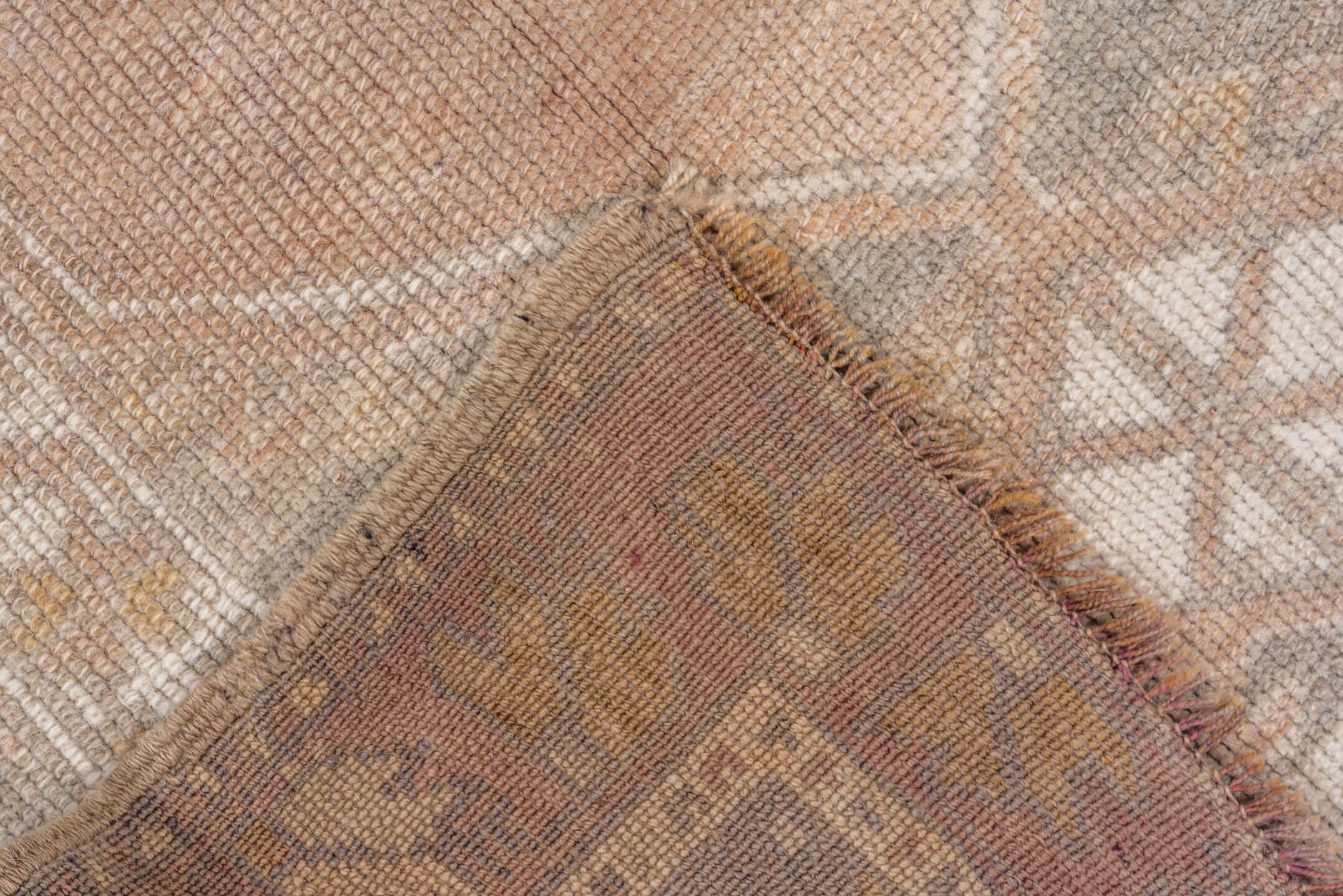 3' x 5' one-of-a-kind handmade vintage Oushak small size rug. Color palette: blush, ivory, taupe, gold, sage, gray_blue