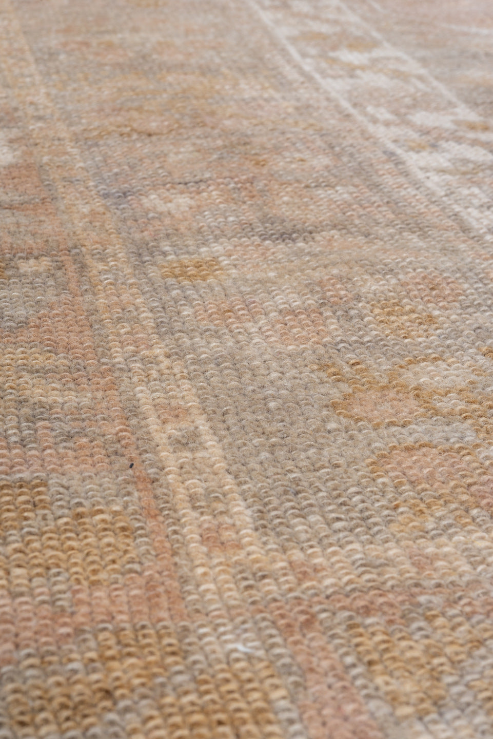 3' x 5' one-of-a-kind handmade vintage Oushak small size rug. Color palette: blush, ivory, taupe, gold, sage, gray_blue