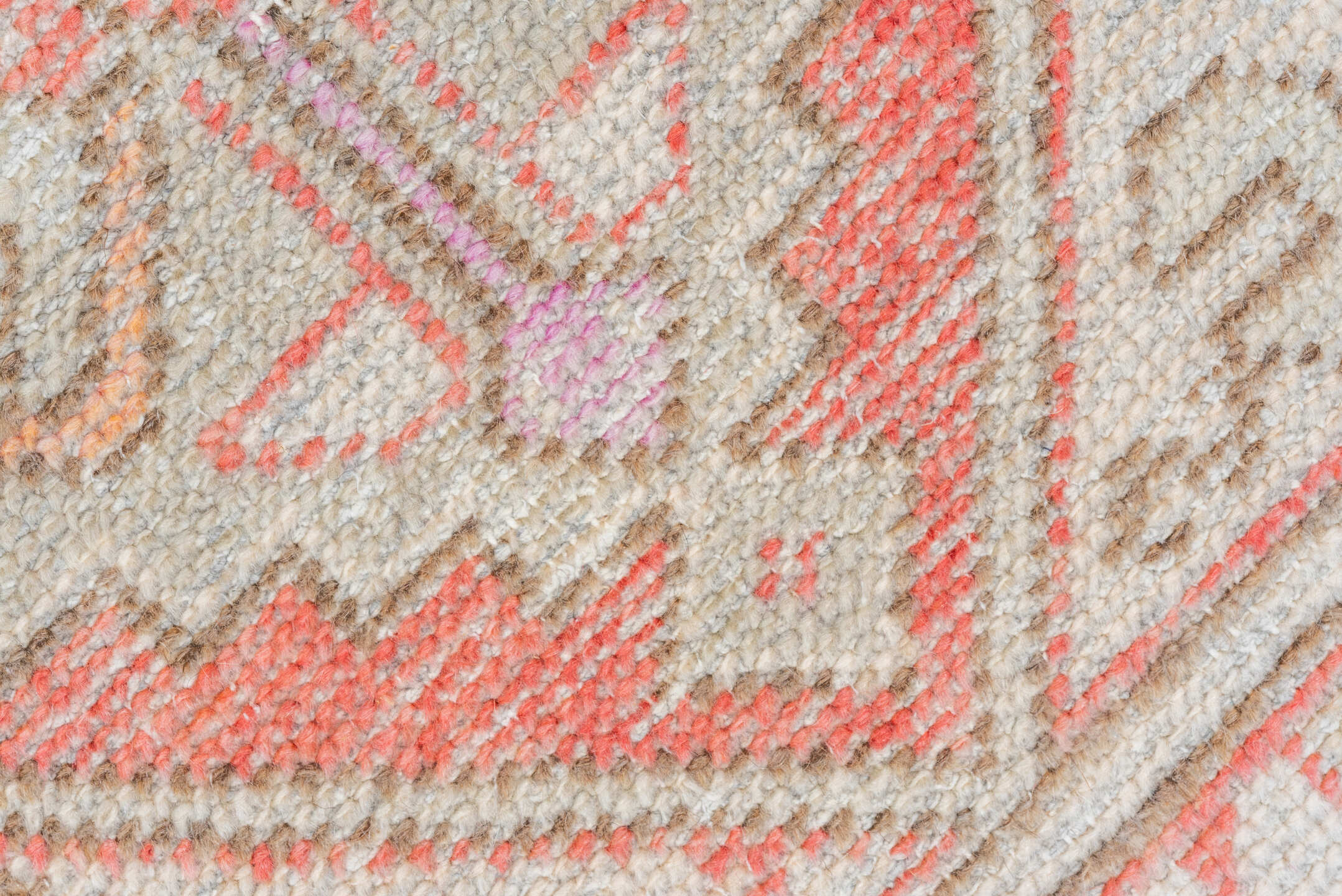 2' x 3' one-of-a-kind handmade vintage Oushak small size rug. Color palette: ivory, coral, taupe, beige, pale lavender