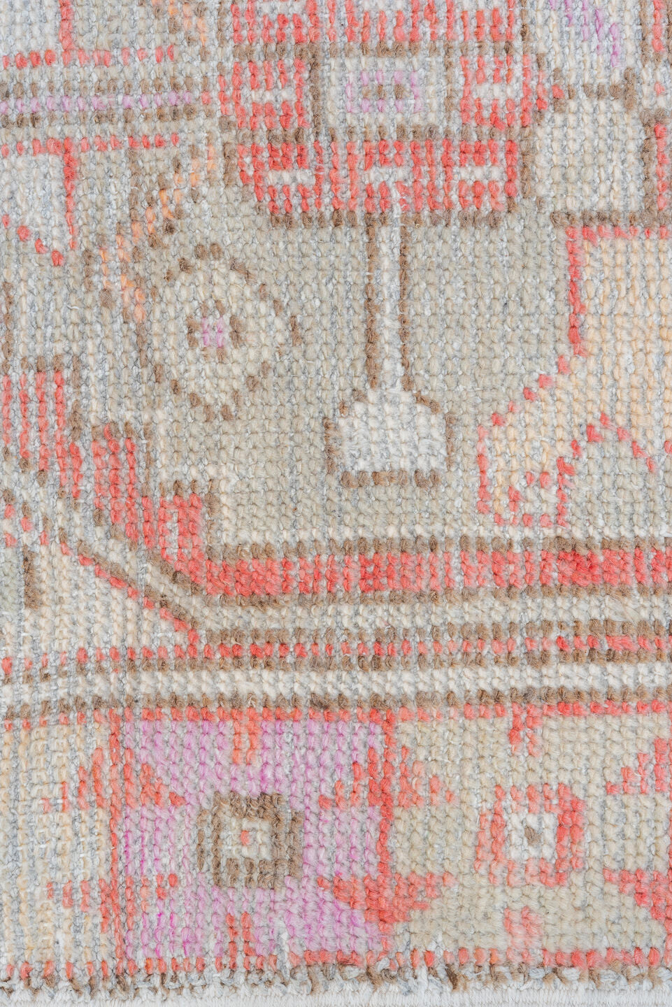 2' x 3' one-of-a-kind handmade vintage Oushak small size rug. Color palette: ivory, coral, taupe, beige, pale lavender