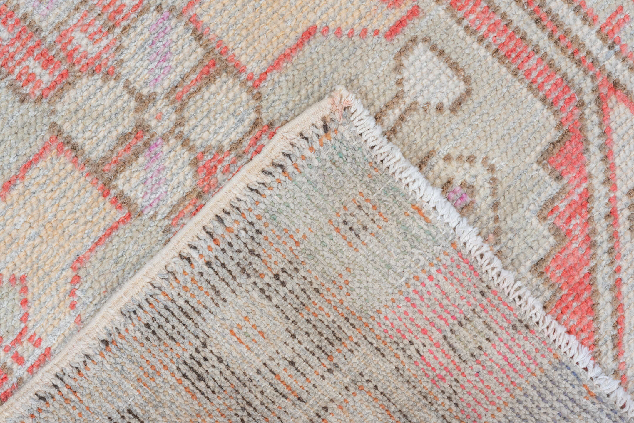 2' x 3' one-of-a-kind handmade vintage Oushak small size rug. Color palette: ivory, coral, taupe, beige, pale lavender