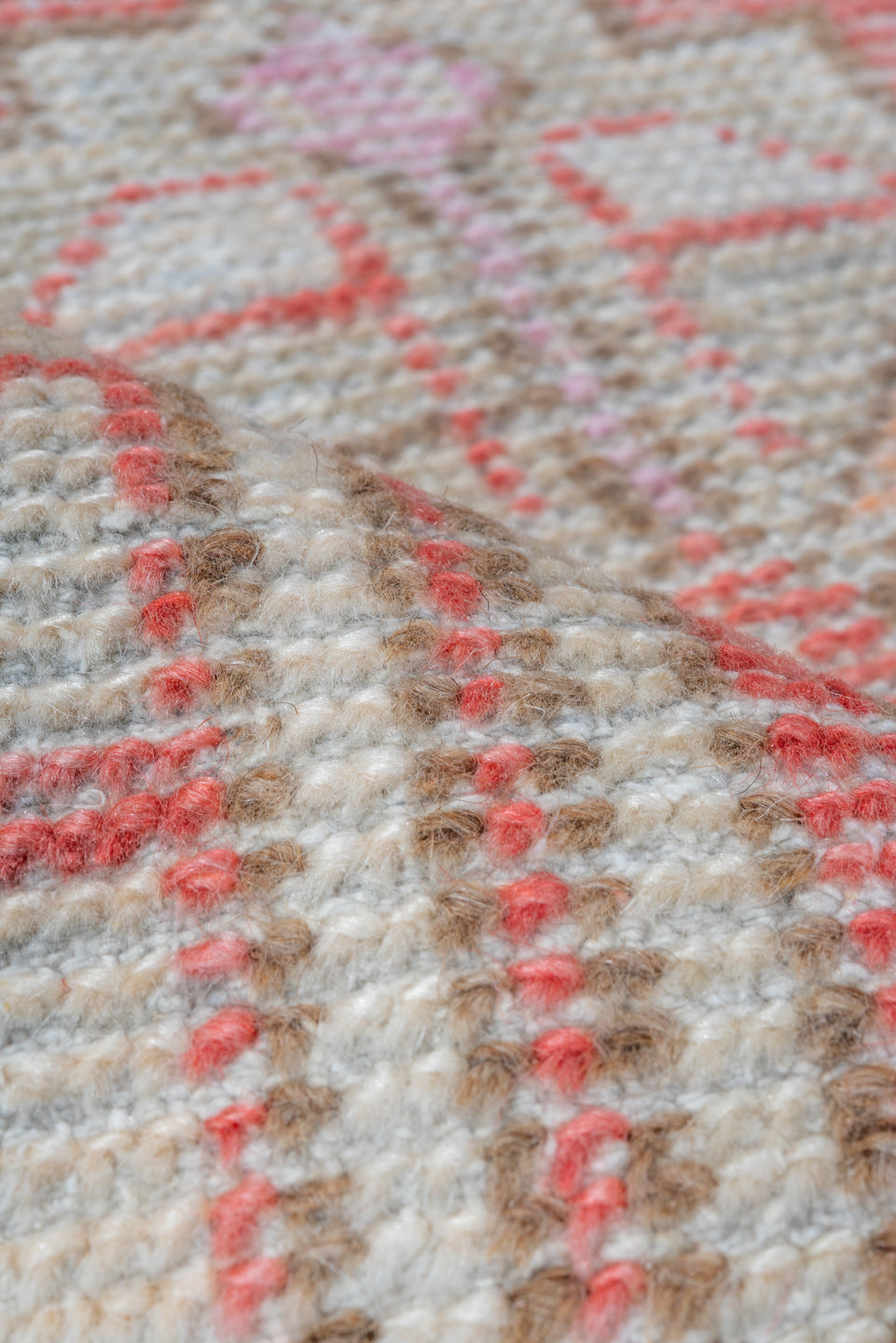 2' x 3' one-of-a-kind handmade vintage Oushak small size rug. Color palette: ivory, coral, taupe, beige, pale lavender