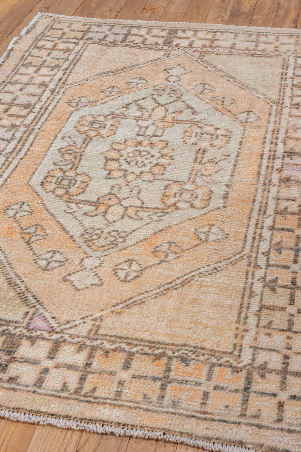 2' x 4' one-of-a-kind handmade vintage Oushak small size rug. Color palette: brown, gray, light gray, off-white, orange