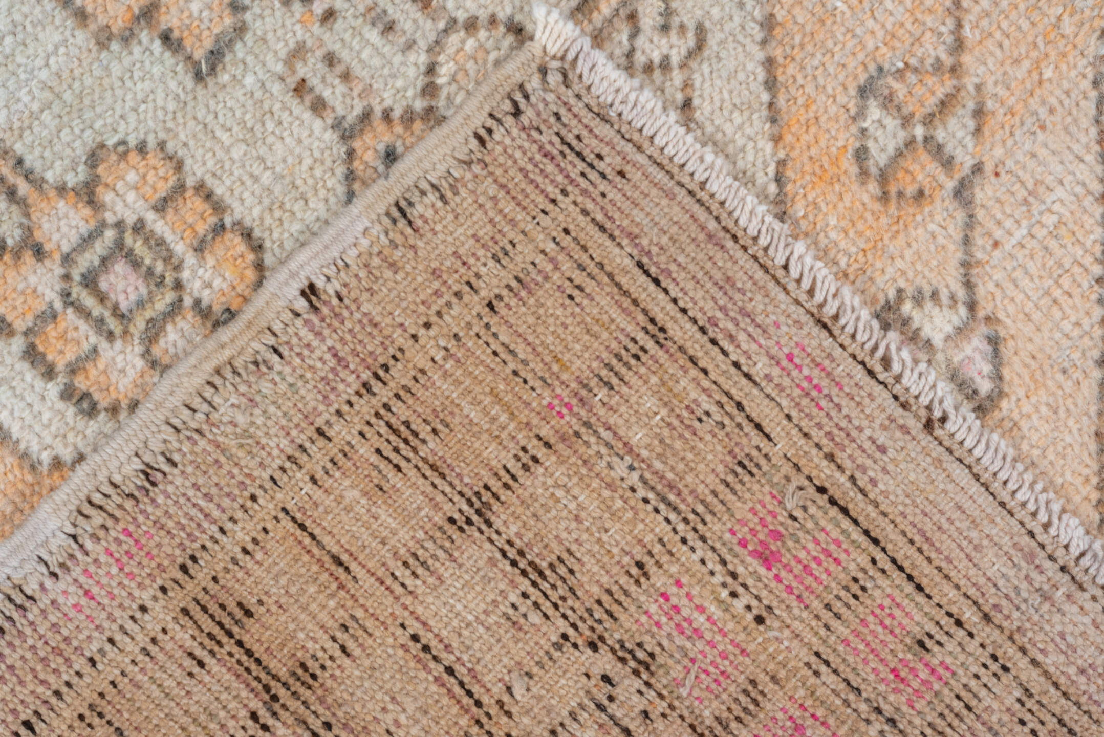 2' x 4' one-of-a-kind handmade vintage Oushak small size rug. Color palette: brown, gray, light gray, off-white, orange