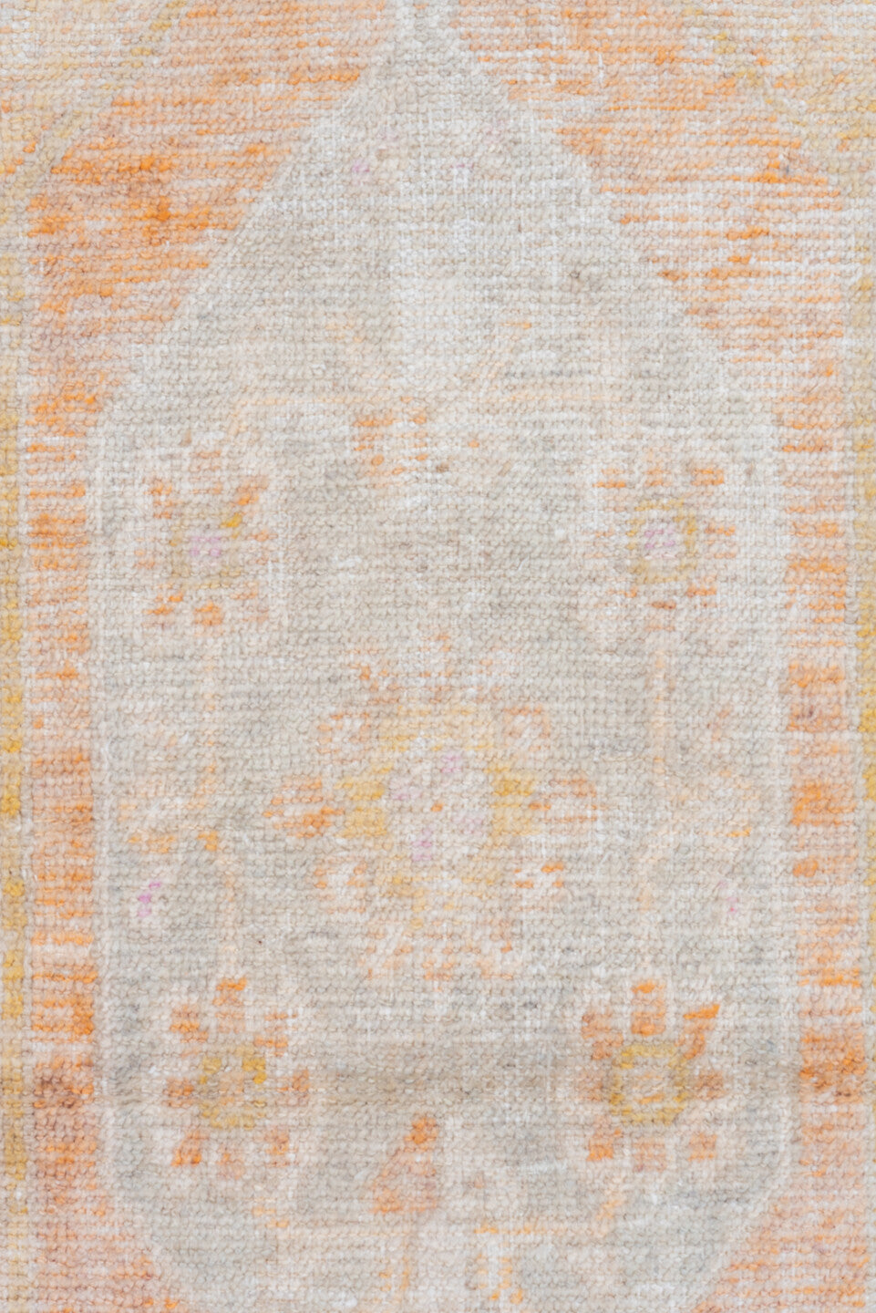 2' x 4' one-of-a-kind handmade vintage Oushak small size rug. Color palette: ivory, peach, cream, blush, pale gold