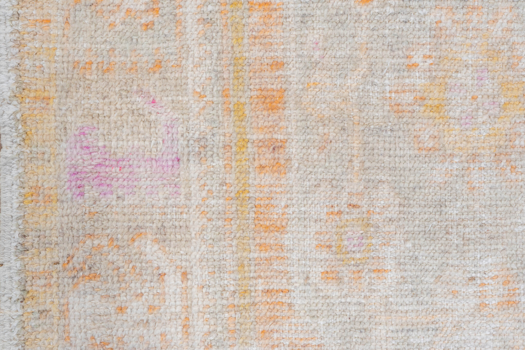 2' x 4' one-of-a-kind handmade vintage Oushak small size rug. Color palette: ivory, peach, cream, blush, pale gold