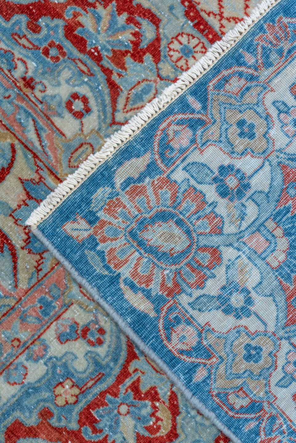 11' x 16' one-of-a-kind handmade vintage Kashan oversize rug. Color palette: blue, brown, gray, light blue, light gray