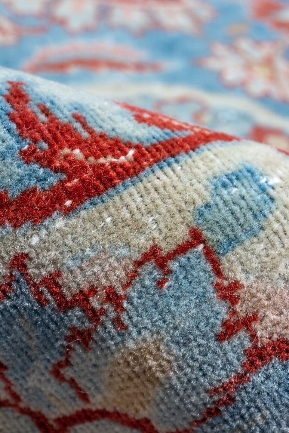 11' x 16' one-of-a-kind handmade vintage Kashan oversize rug. Color palette: blue, brown, gray, light blue, light gray