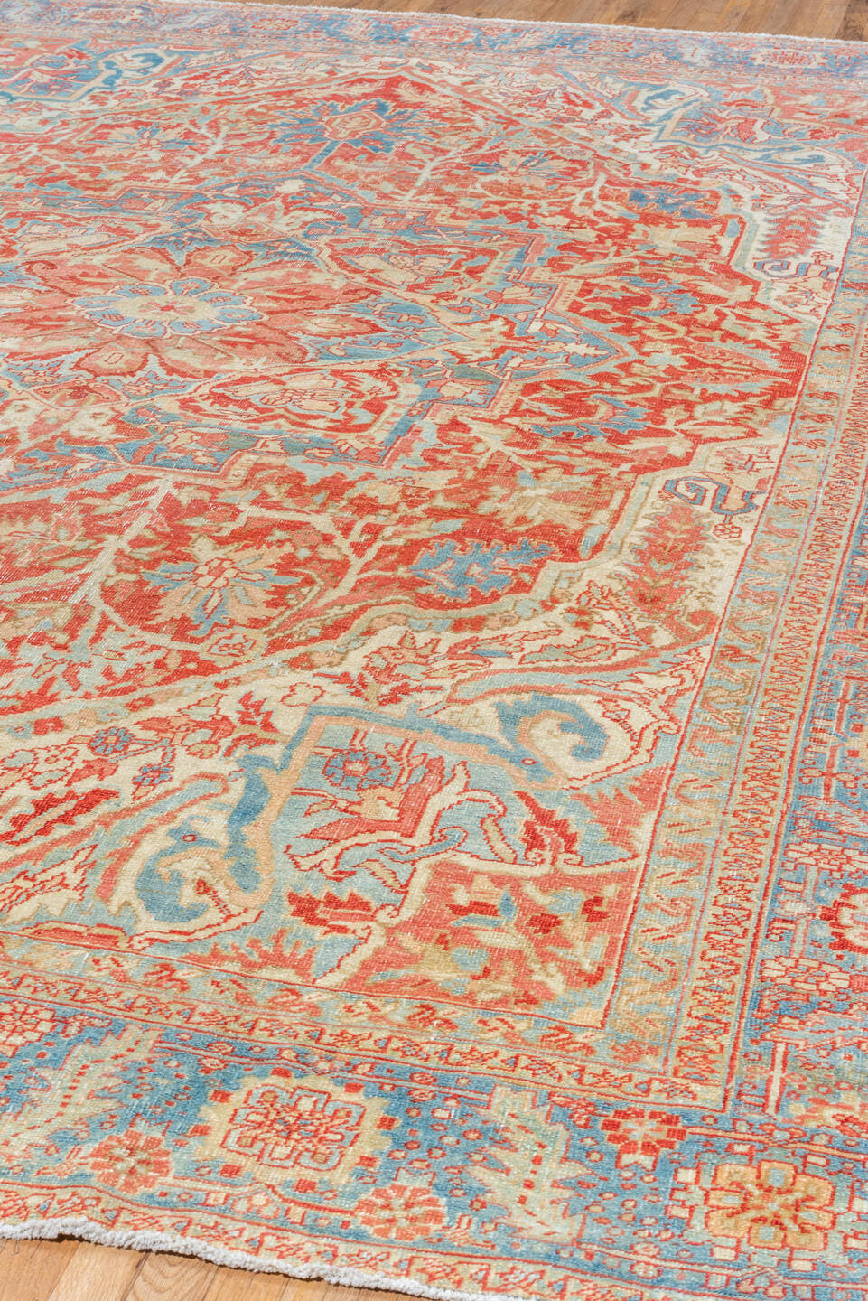 10' x 13' one-of-a-kind handmade vintage Heriz large size rug. Color palette: ivory, sky blue, coral, red, powder blue