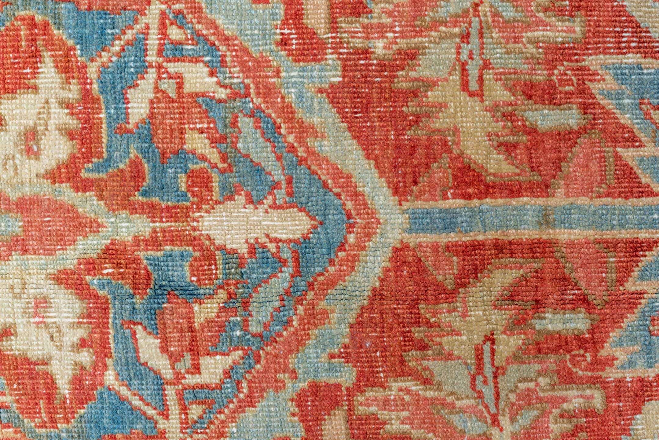 10' x 13' one-of-a-kind handmade vintage Heriz large size rug. Color palette: ivory, sky blue, coral, red, powder blue
