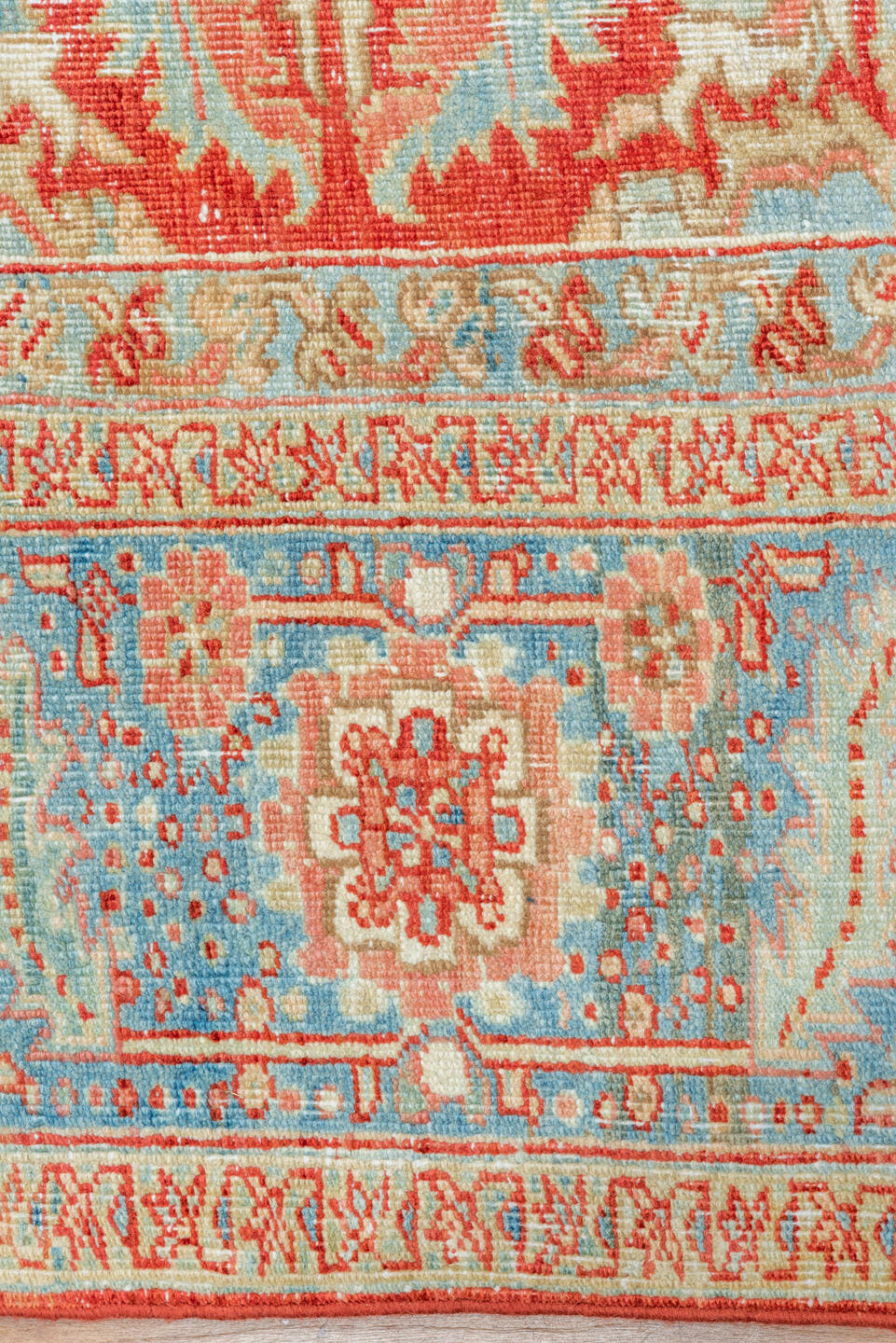 10' x 13' one-of-a-kind handmade vintage Heriz large size rug. Color palette: ivory, sky blue, coral, red, powder blue