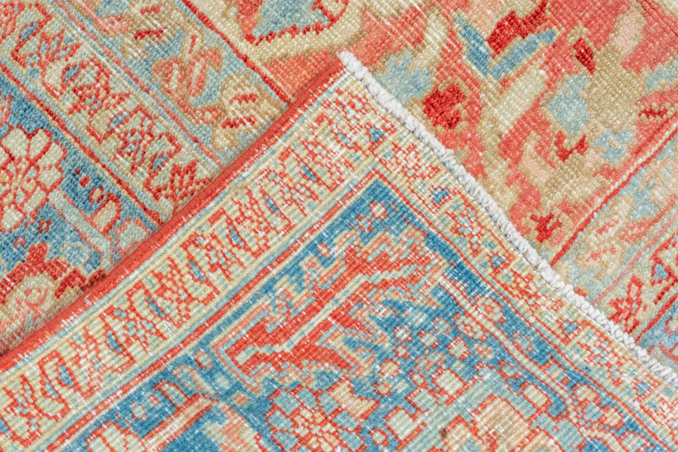 10' x 13' one-of-a-kind handmade vintage Heriz large size rug. Color palette: ivory, sky blue, coral, red, powder blue
