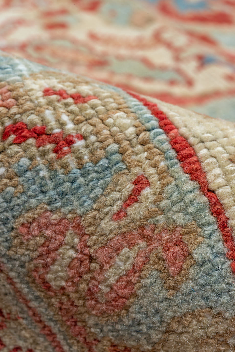 10' x 13' one-of-a-kind handmade vintage Heriz large size rug. Color palette: ivory, sky blue, coral, red, powder blue