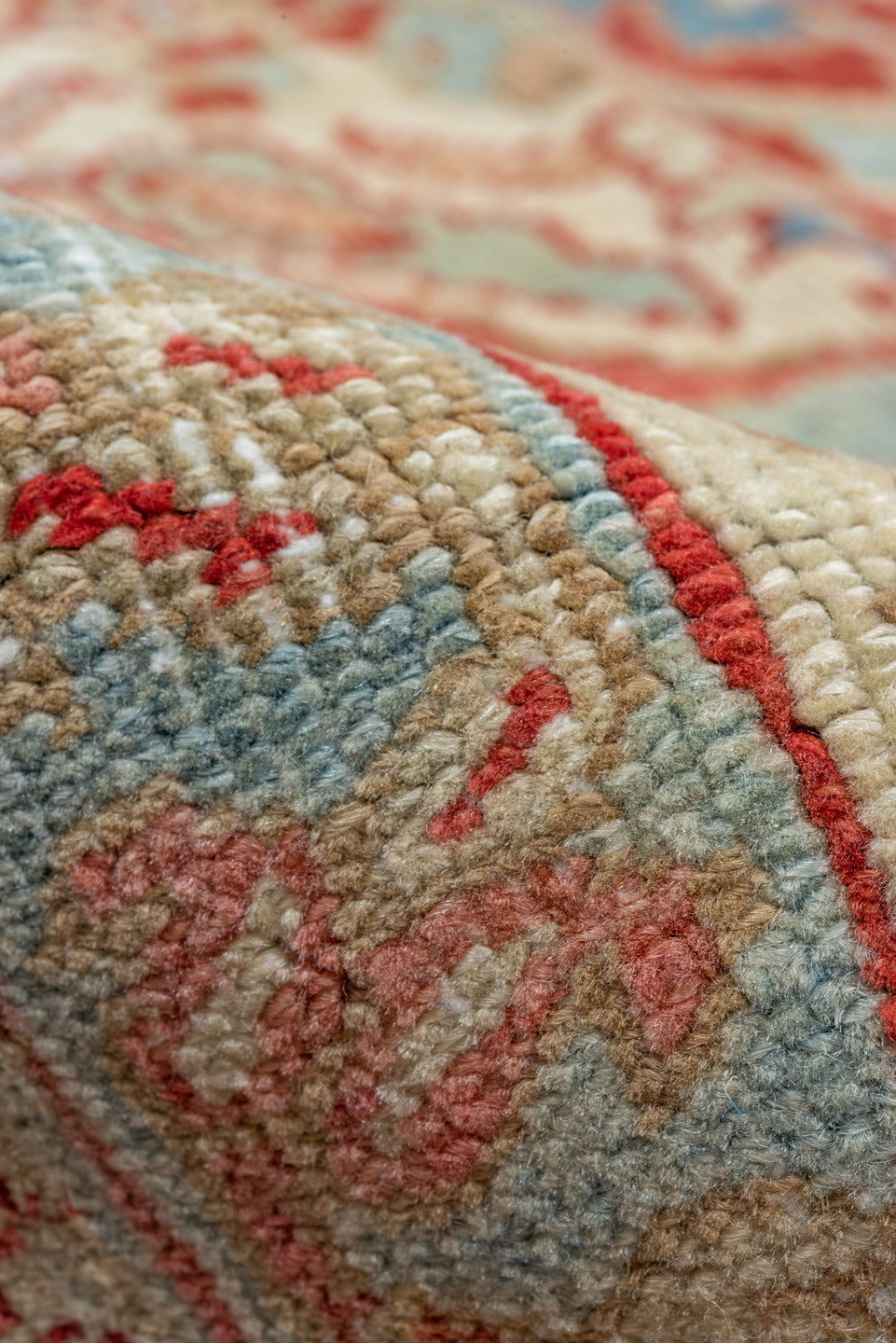 10' x 13' one-of-a-kind handmade vintage Heriz large size rug. Color palette: ivory, sky blue, coral, red, powder blue