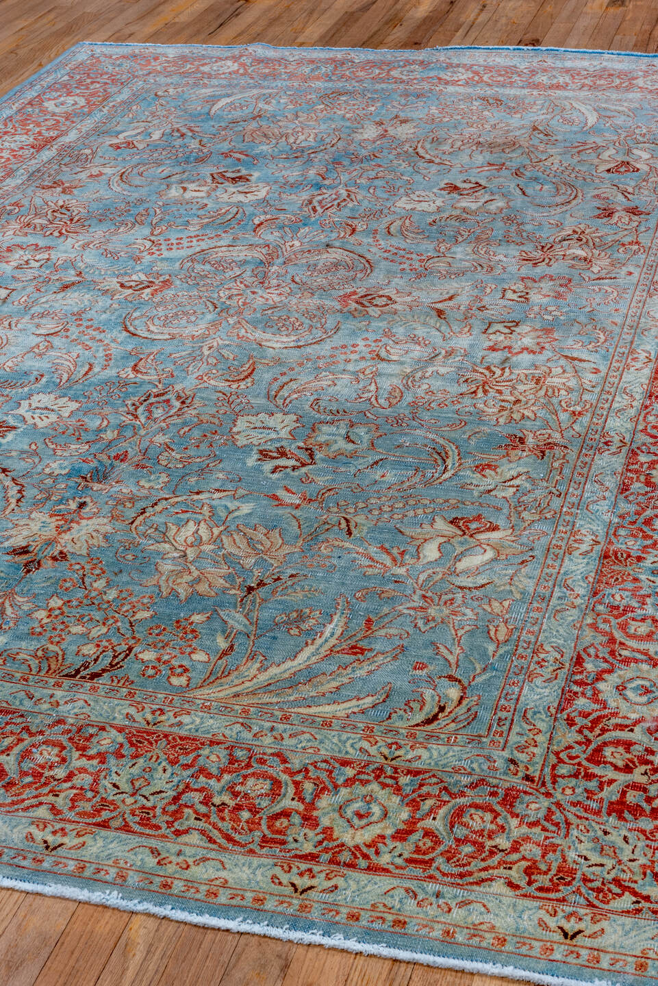 6' x 9' one-of-a-kind handmade vintage Tabriz medium size rug. Color palette: sky blue, rust, ivory, rose, taupe, light blue