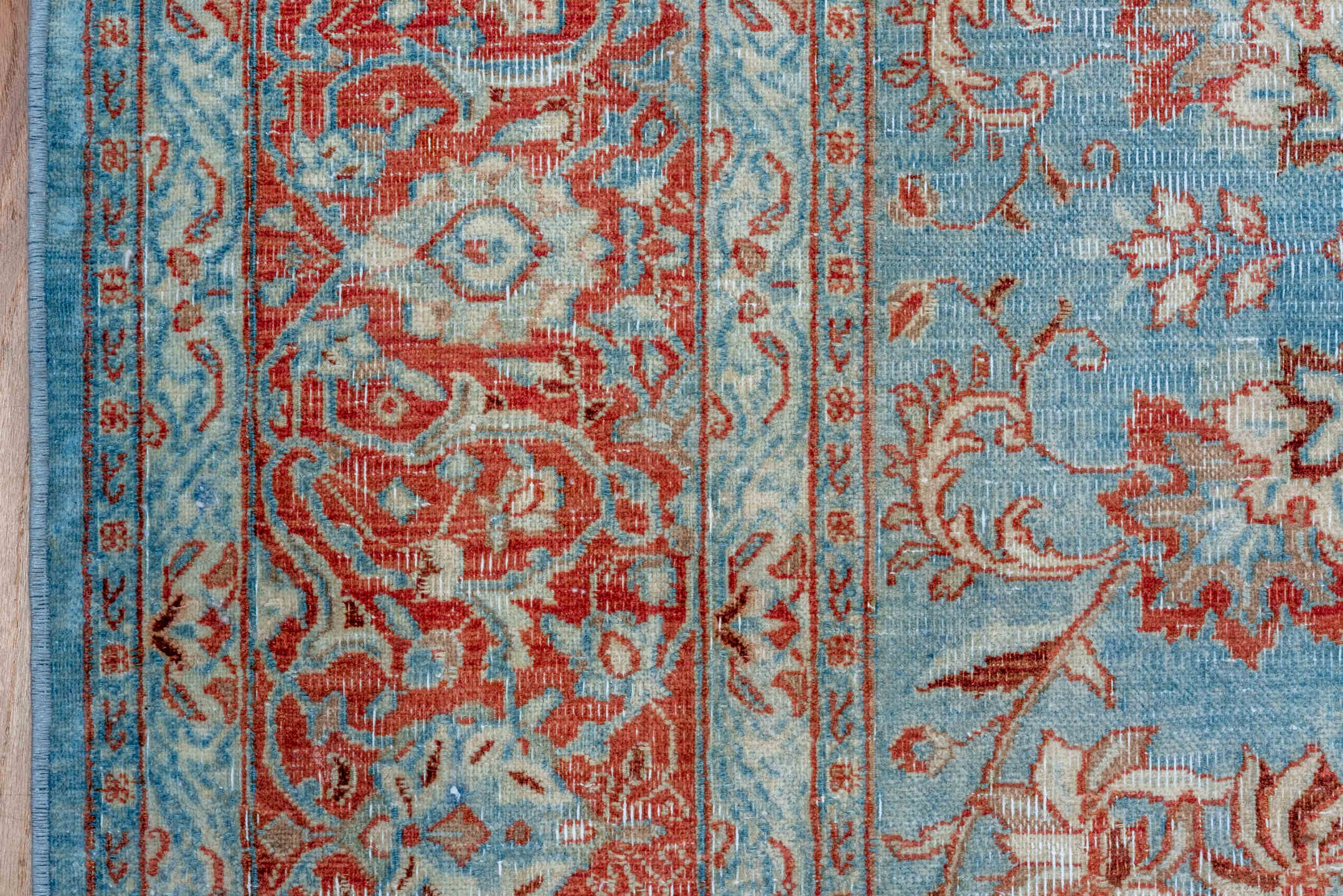 6' x 9' one-of-a-kind handmade vintage Tabriz medium size rug. Color palette: sky blue, rust, ivory, rose, taupe, light blue