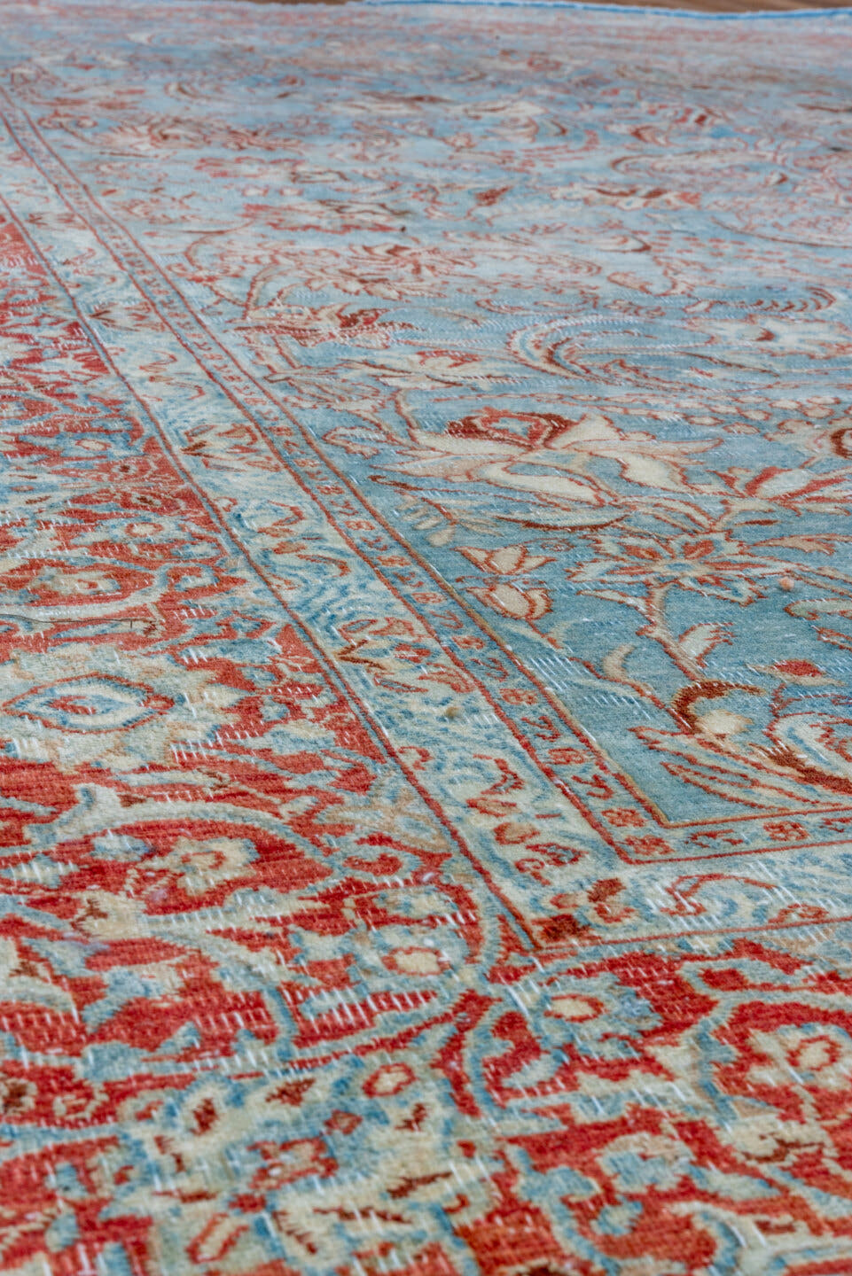6' x 9' one-of-a-kind handmade vintage Tabriz medium size rug. Color palette: sky blue, rust, ivory, rose, taupe, light blue