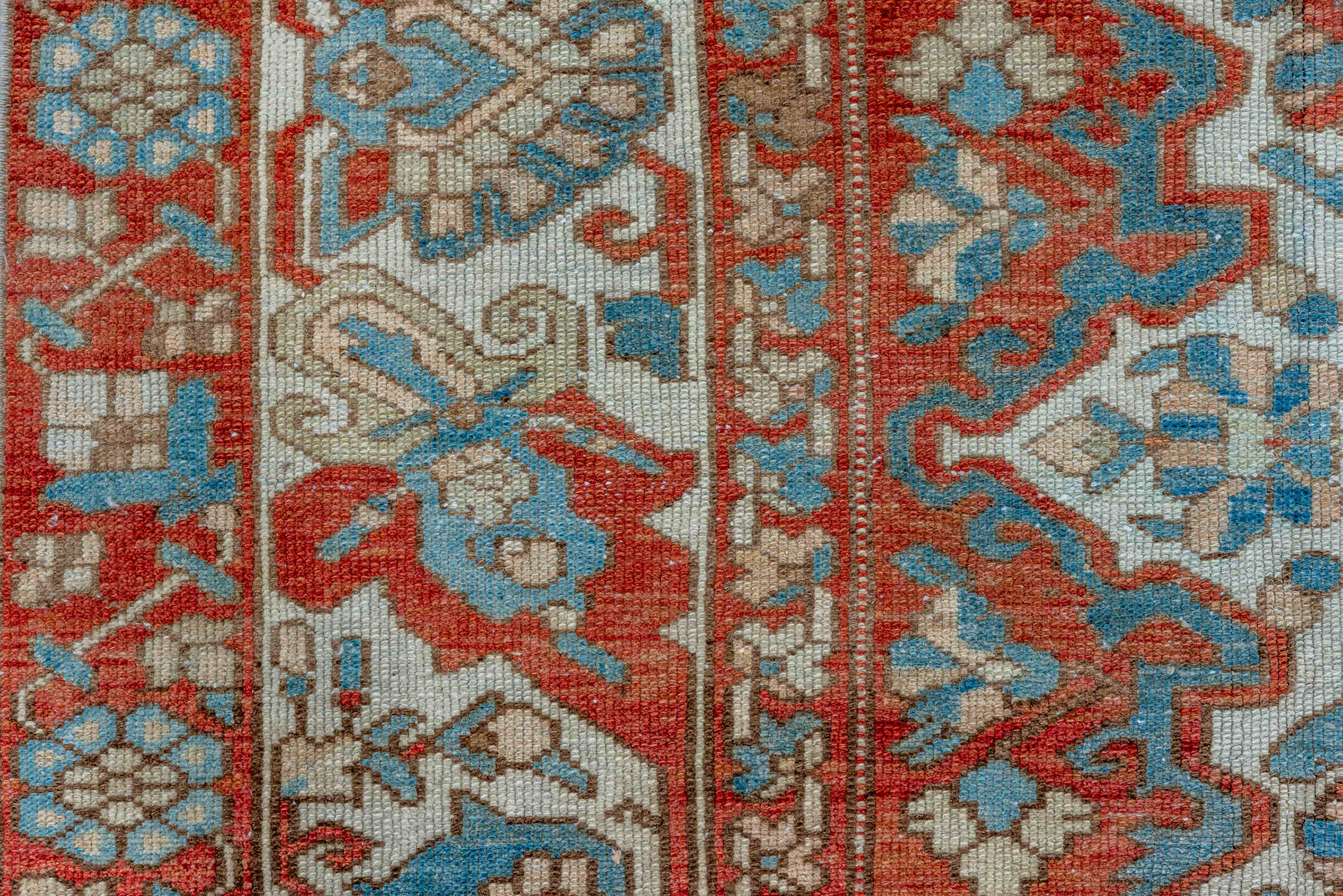 8' x 11' one-of-a-kind handmade vintage Baktiary large size rug. Color palette: rust, ivory, sky blue, taupe, brick, camel