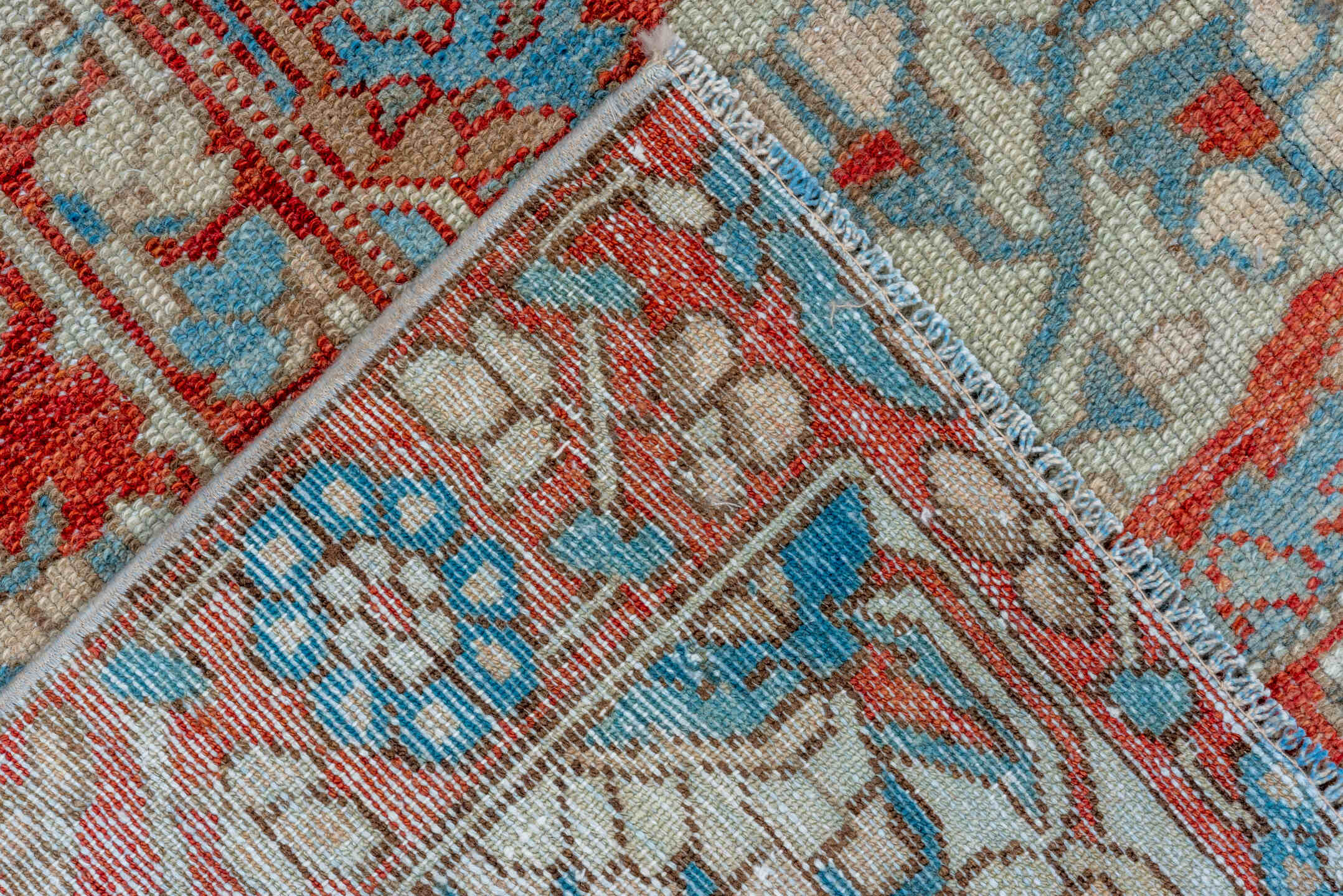 8' x 11' one-of-a-kind handmade vintage Baktiary large size rug. Color palette: rust, ivory, sky blue, taupe, brick, camel