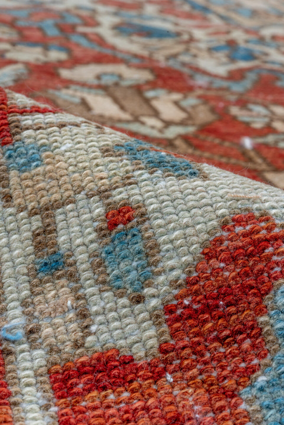 8' x 11' one-of-a-kind handmade vintage Baktiary large size rug. Color palette: rust, ivory, sky blue, taupe, brick, camel