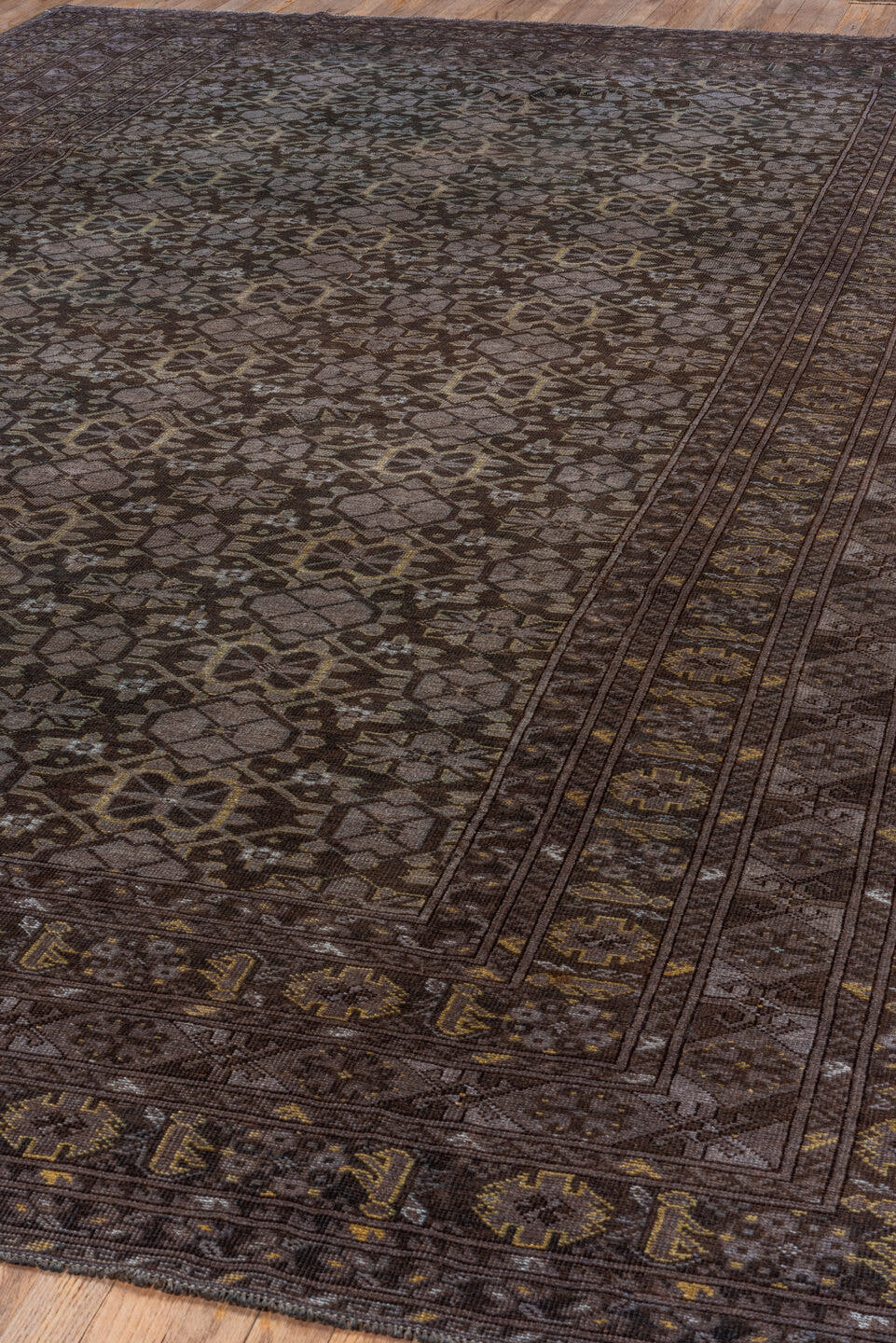 9' x 14' one-of-a-kind handmade vintage Afghan large size rug. Color palette: brown, taupe, ivory, charcoal, camel, beige