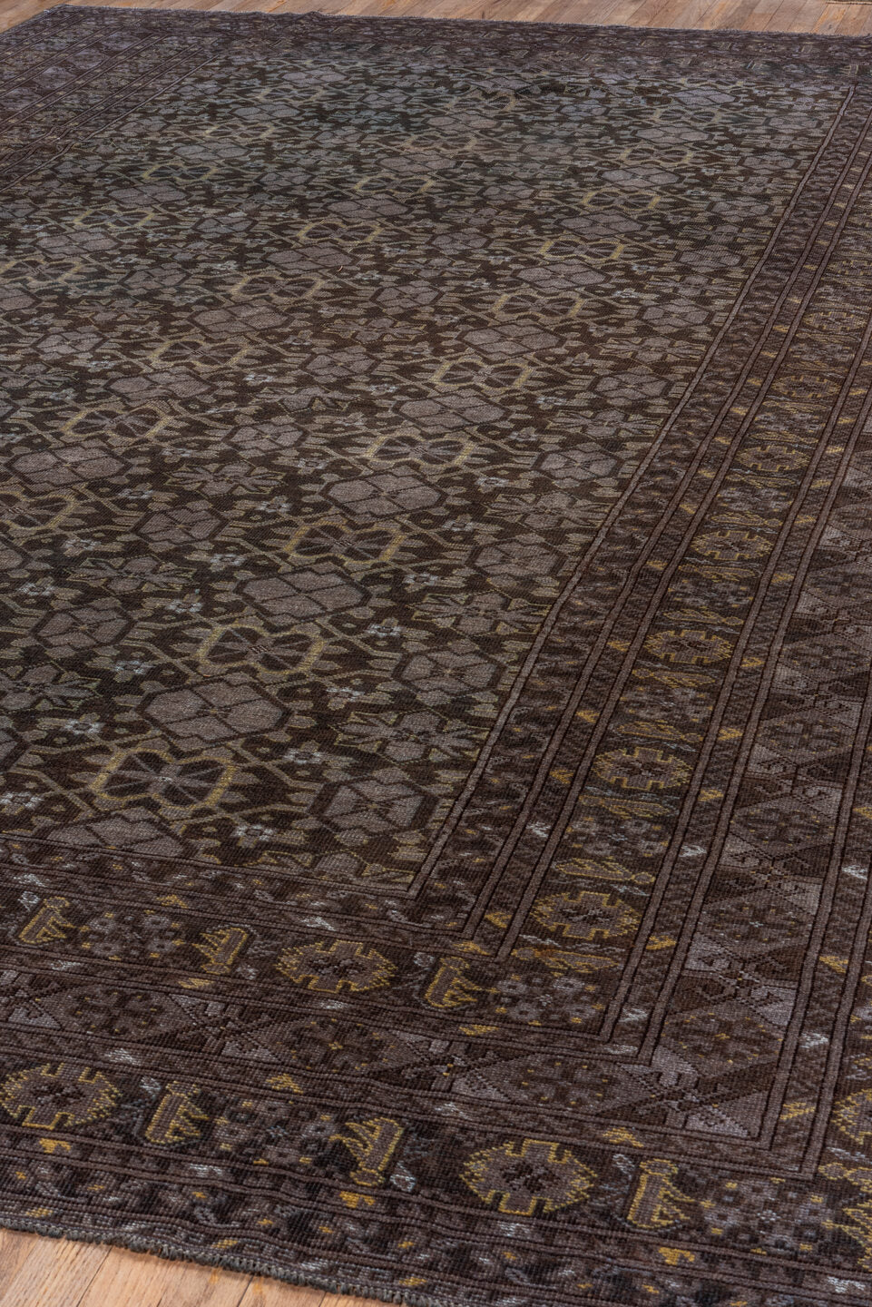 9' x 14' one-of-a-kind handmade vintage Afghan large size rug. Color palette: brown, taupe, ivory, charcoal, camel, beige