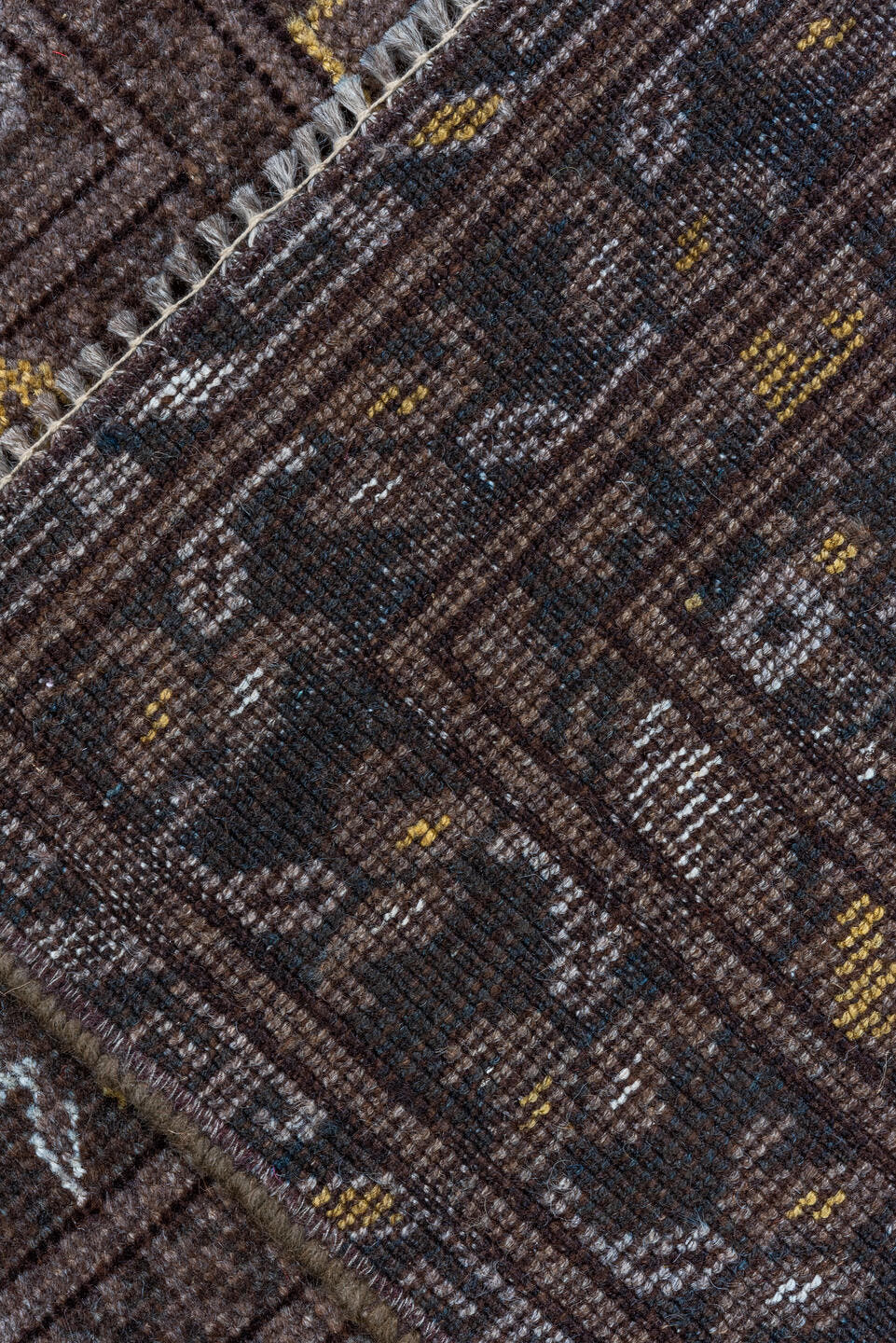 9' x 14' one-of-a-kind handmade vintage Afghan large size rug. Color palette: brown, taupe, ivory, charcoal, camel, beige