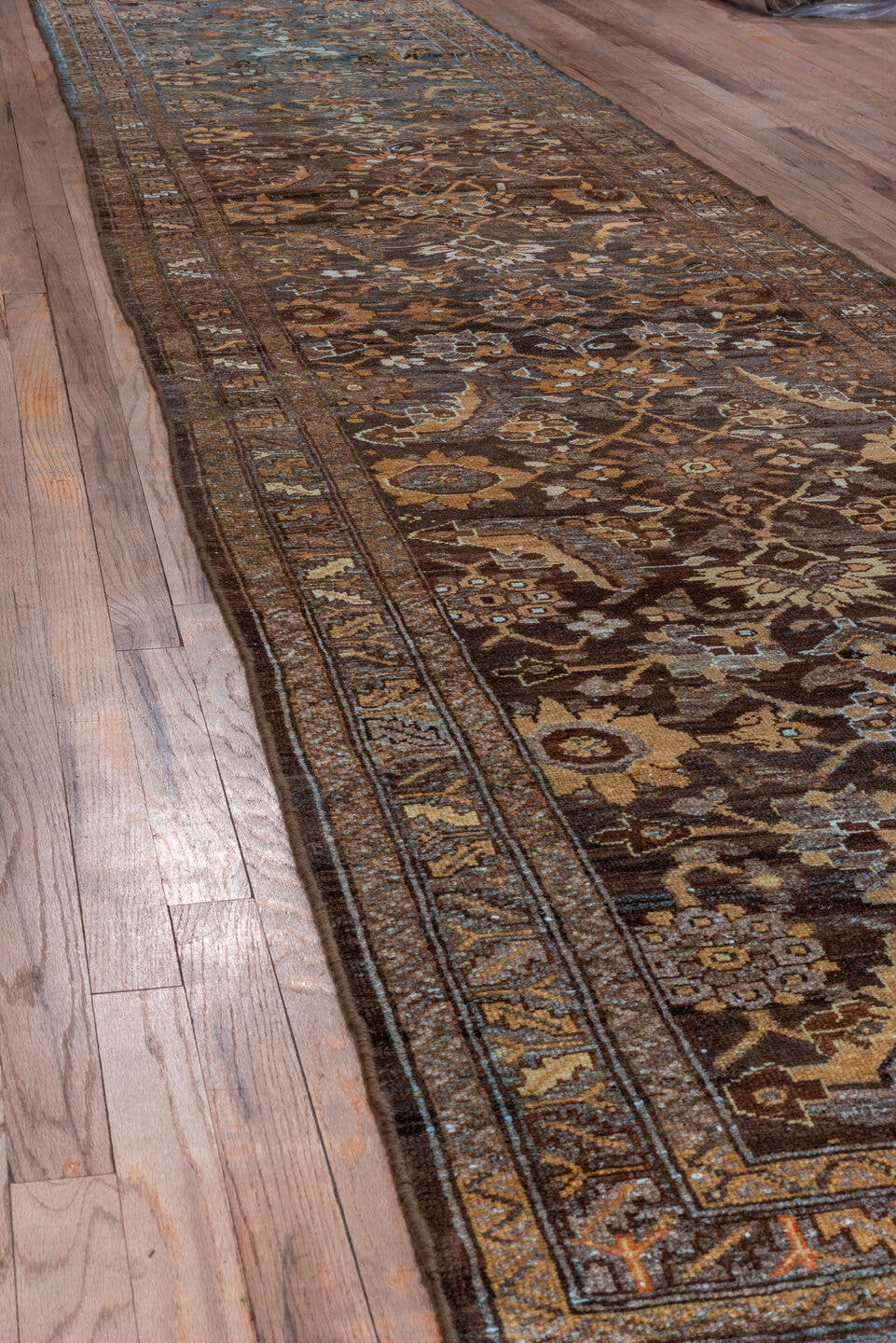 3' x 16' one-of-a-kind handmade vintage Malayer runner rug. Color palette: brown, slate, camel, ivory, gold, taupe, charcoal