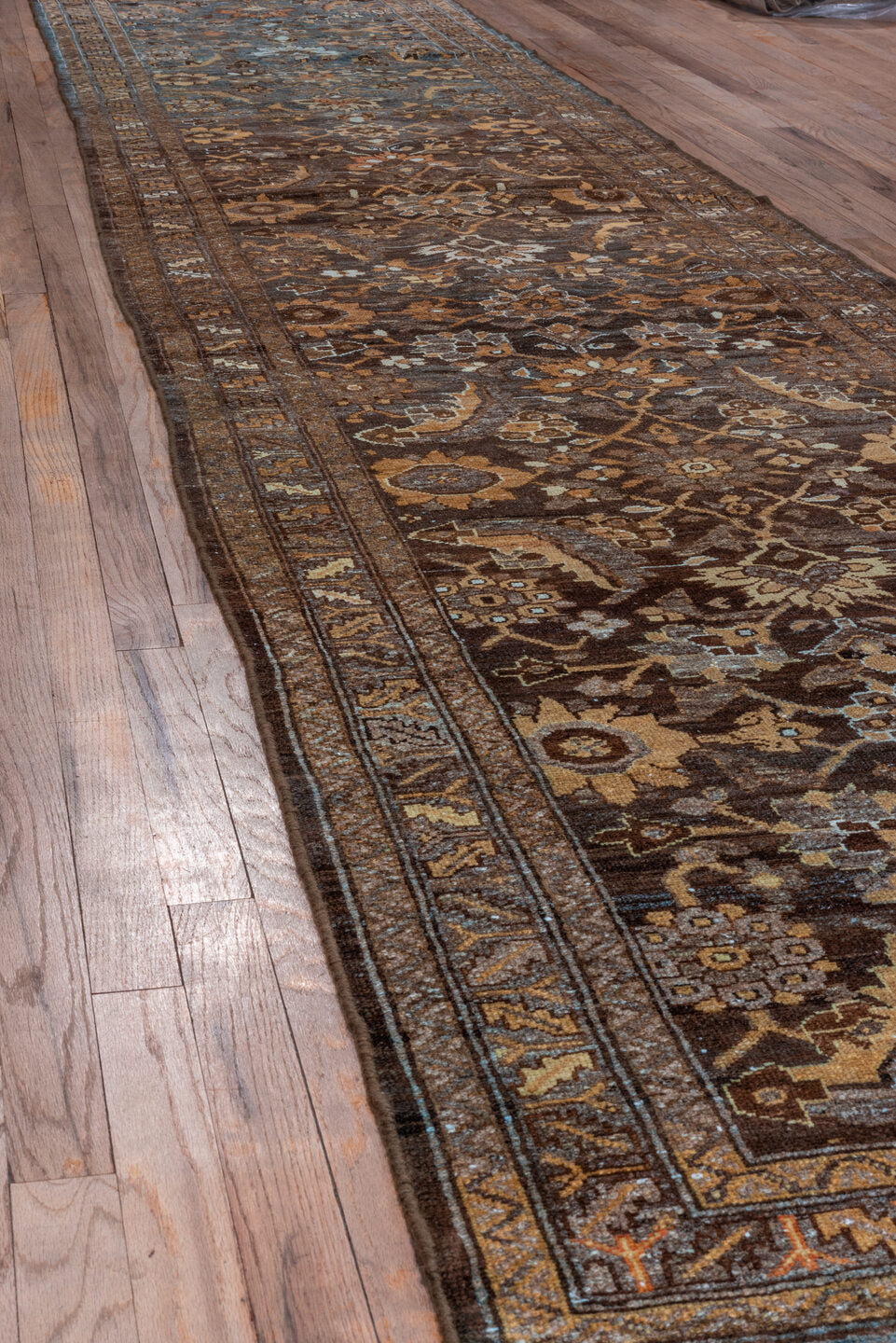 3' x 16' one-of-a-kind handmade vintage Malayer runner rug. Color palette: brown, slate, camel, ivory, gold, taupe, charcoal