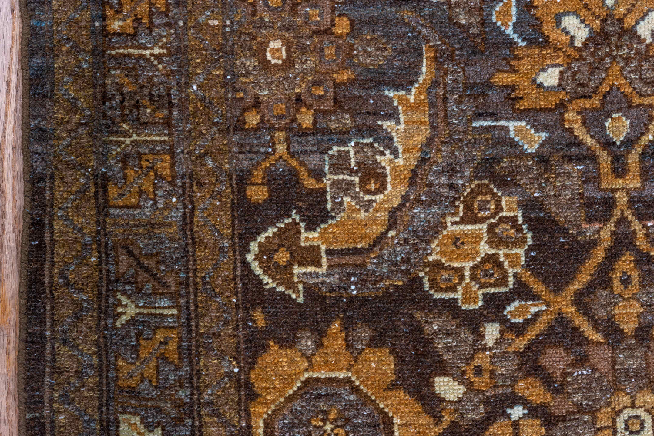 3' x 16' one-of-a-kind handmade vintage Malayer runner rug. Color palette: brown, slate, camel, ivory, gold, taupe, charcoal
