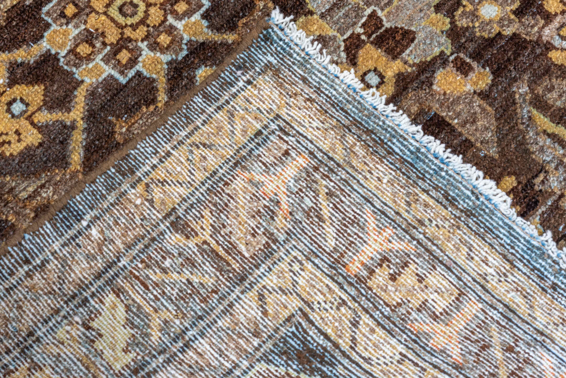 3' x 16' one-of-a-kind handmade vintage Malayer runner rug. Color palette: brown, slate, camel, ivory, gold, taupe, charcoal