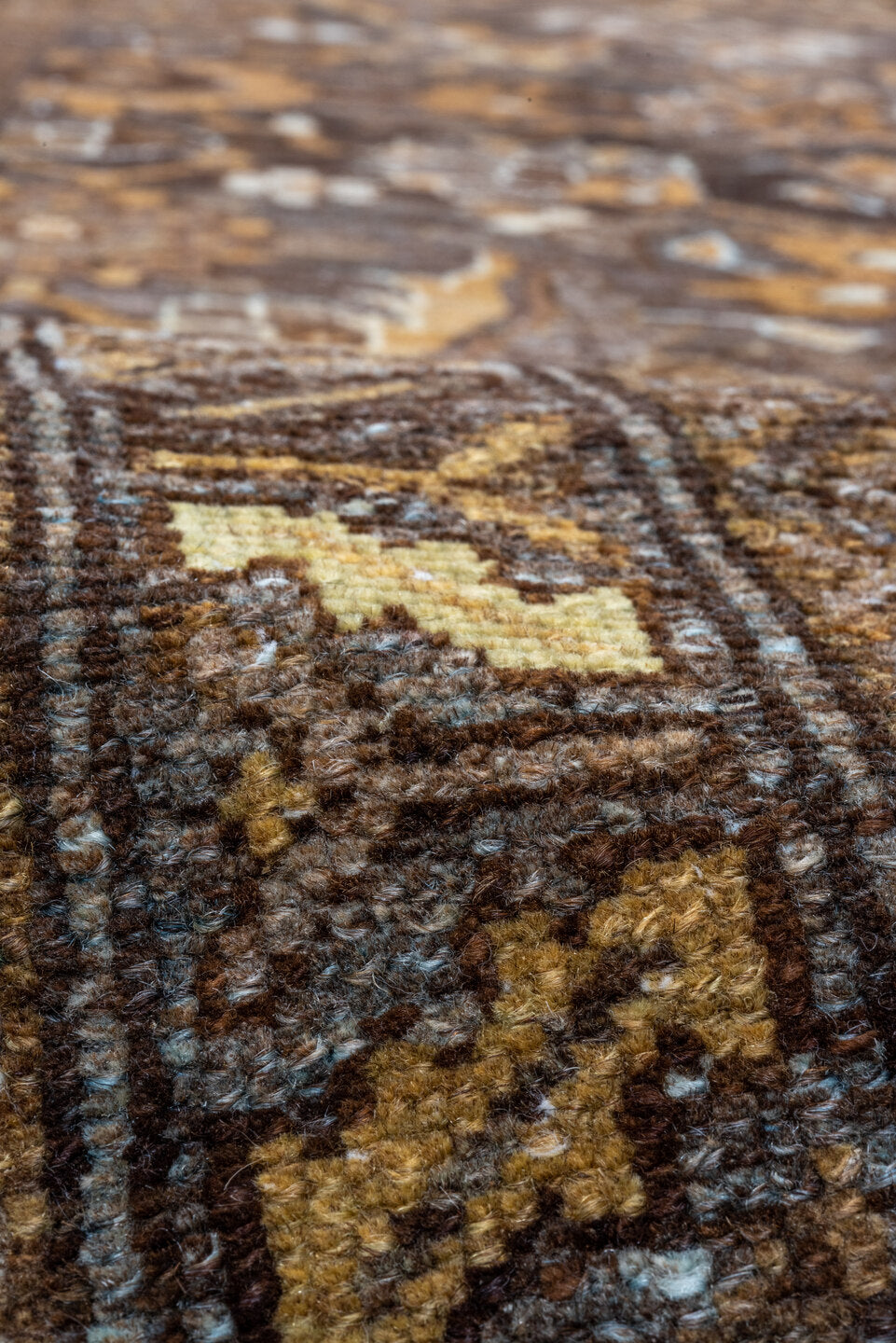 3' x 16' one-of-a-kind handmade vintage Malayer runner rug. Color palette: brown, slate, camel, ivory, gold, taupe, charcoal