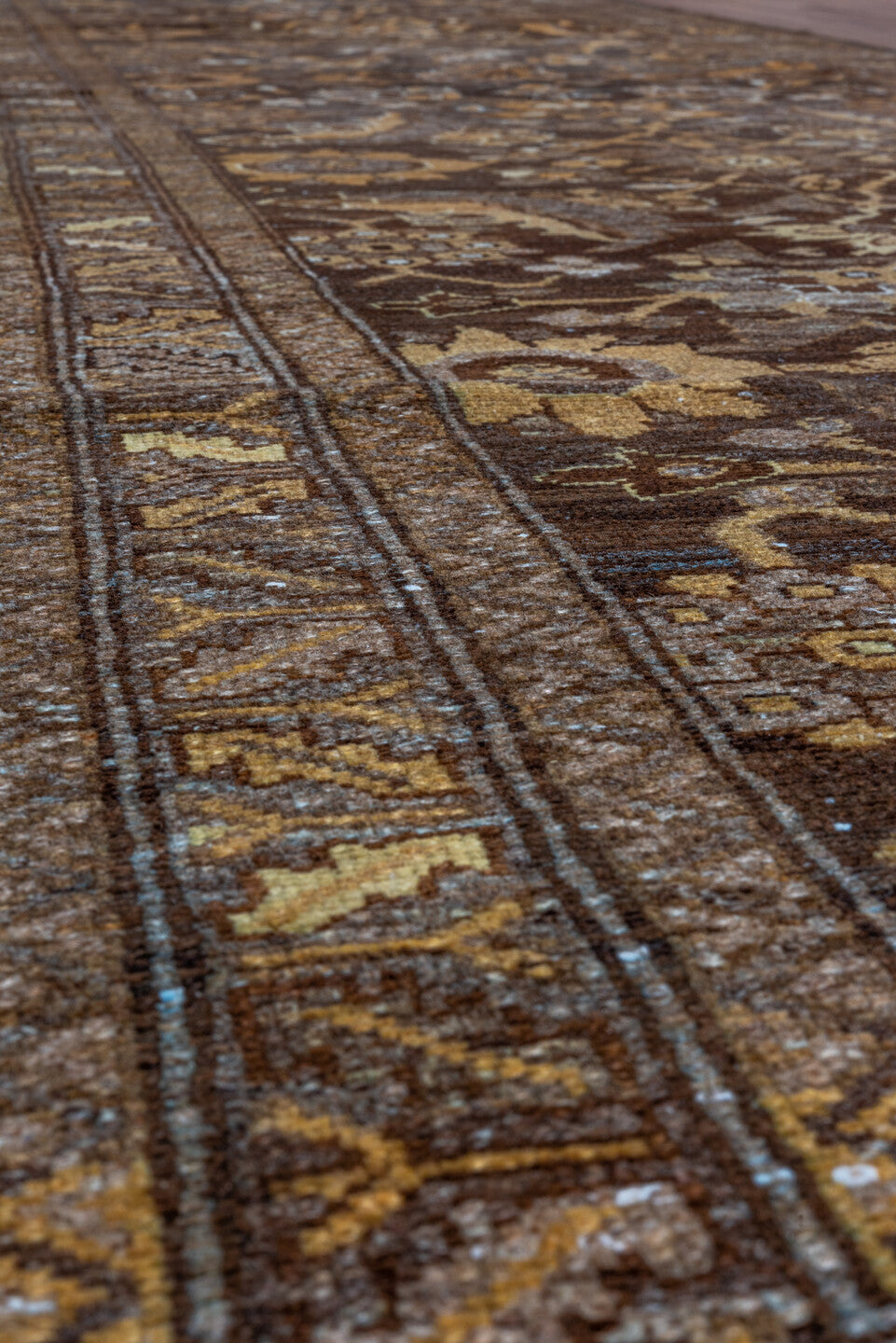 3' x 16' one-of-a-kind handmade vintage Malayer runner rug. Color palette: brown, slate, camel, ivory, gold, taupe, charcoal