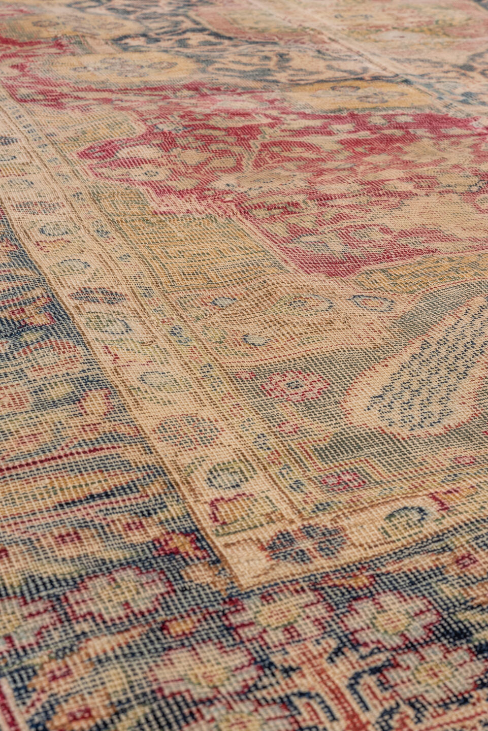 4' x 5' one-of-a-kind handmade vintage Melas small size rug. Color palette: rose, ivory, blue, beige, charcoal, taupe