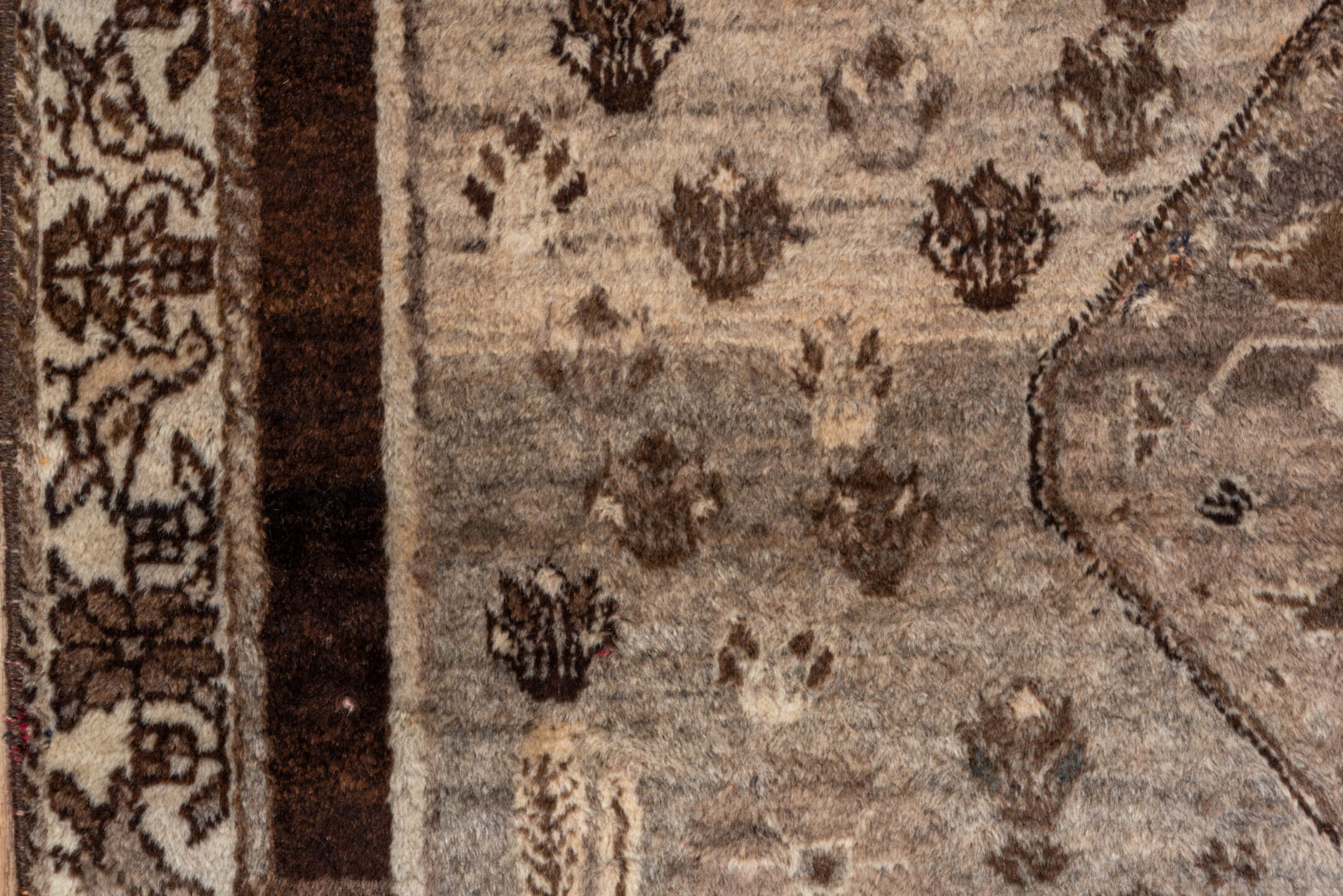 3' x 5' one-of-a-kind handmade vintage Gabbe small size rug. Color palette: ivory, taupe, brown, charcoal, camel, beige