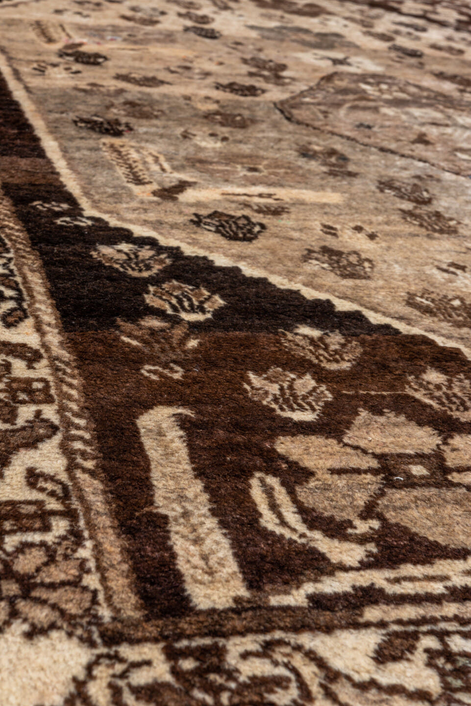 3' x 5' one-of-a-kind handmade vintage Gabbe small size rug. Color palette: ivory, taupe, brown, charcoal, camel, beige