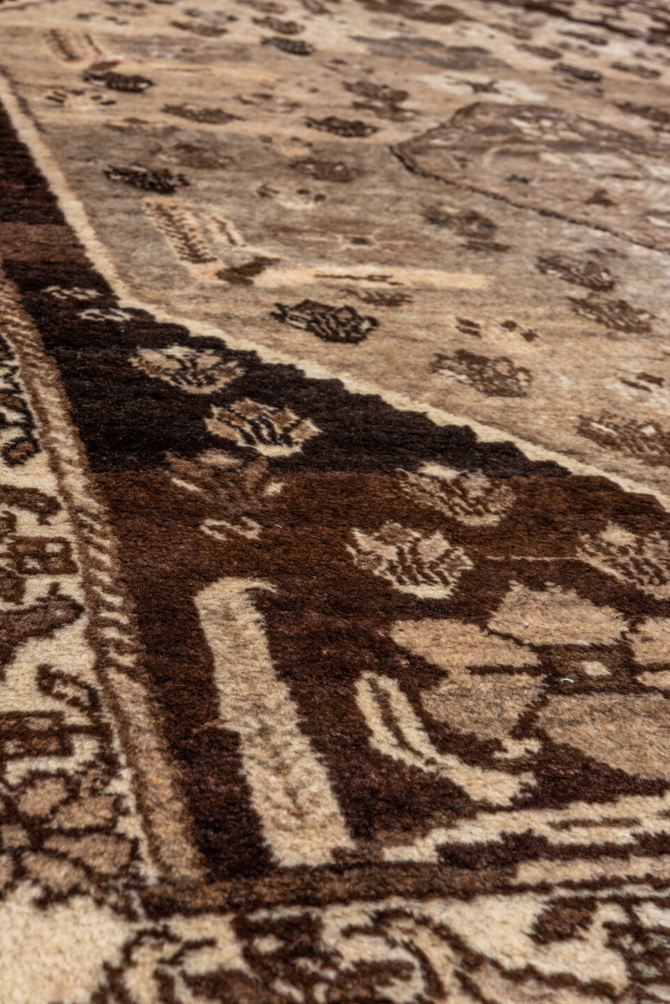 3' x 5' one-of-a-kind handmade vintage Gabbe small size rug. Color palette: ivory, taupe, brown, charcoal, camel, beige